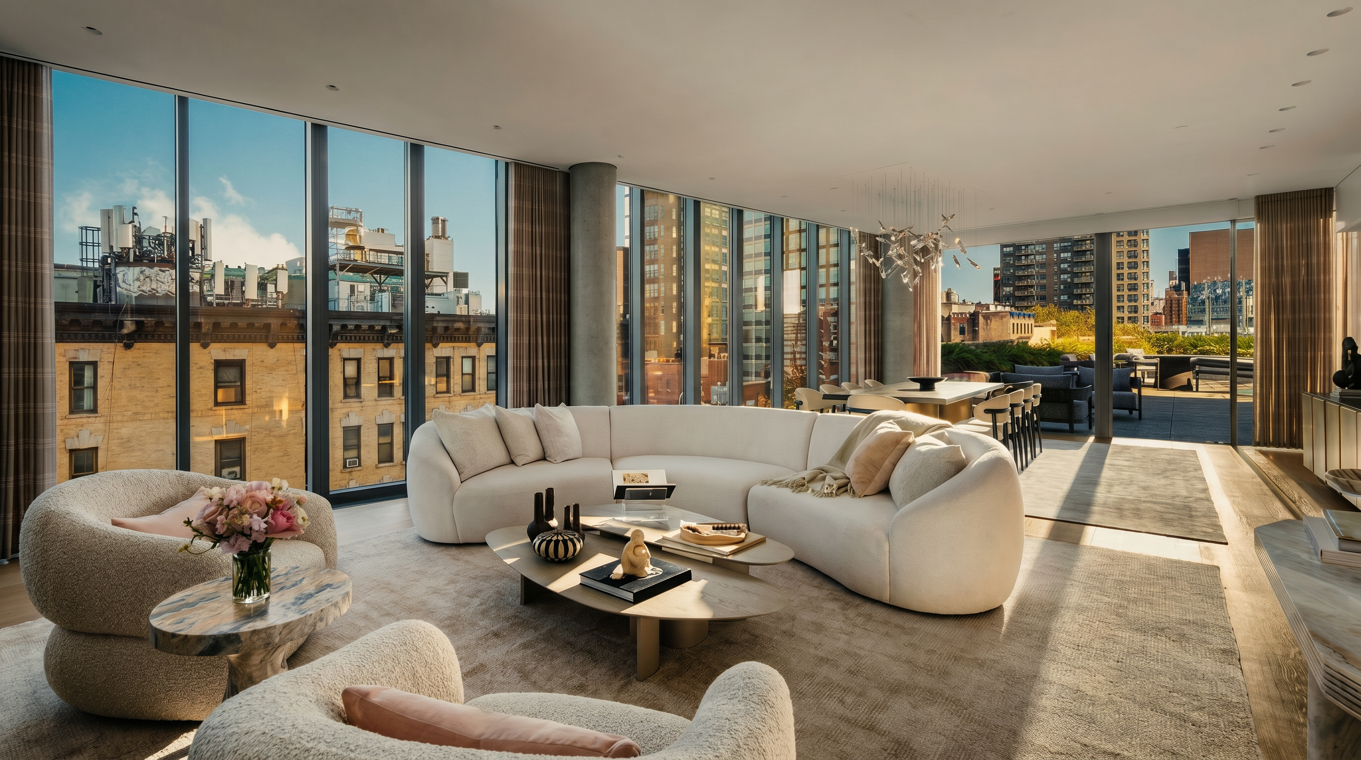 This expansive, sun-drenched living room features a sophisticated, neutral color palette with a large, curved white sofa and matching textured armchairs arranged around a layered, organic-shaped coffee table. The space is defined by floor-to-ceiling windows that offer panoramic urban views and provide seamless access to an outdoor terrace. A contemporary chandelier hangs above the adjacent dining area, enhancing the open-concept layout and luxurious, modern aesthetic.