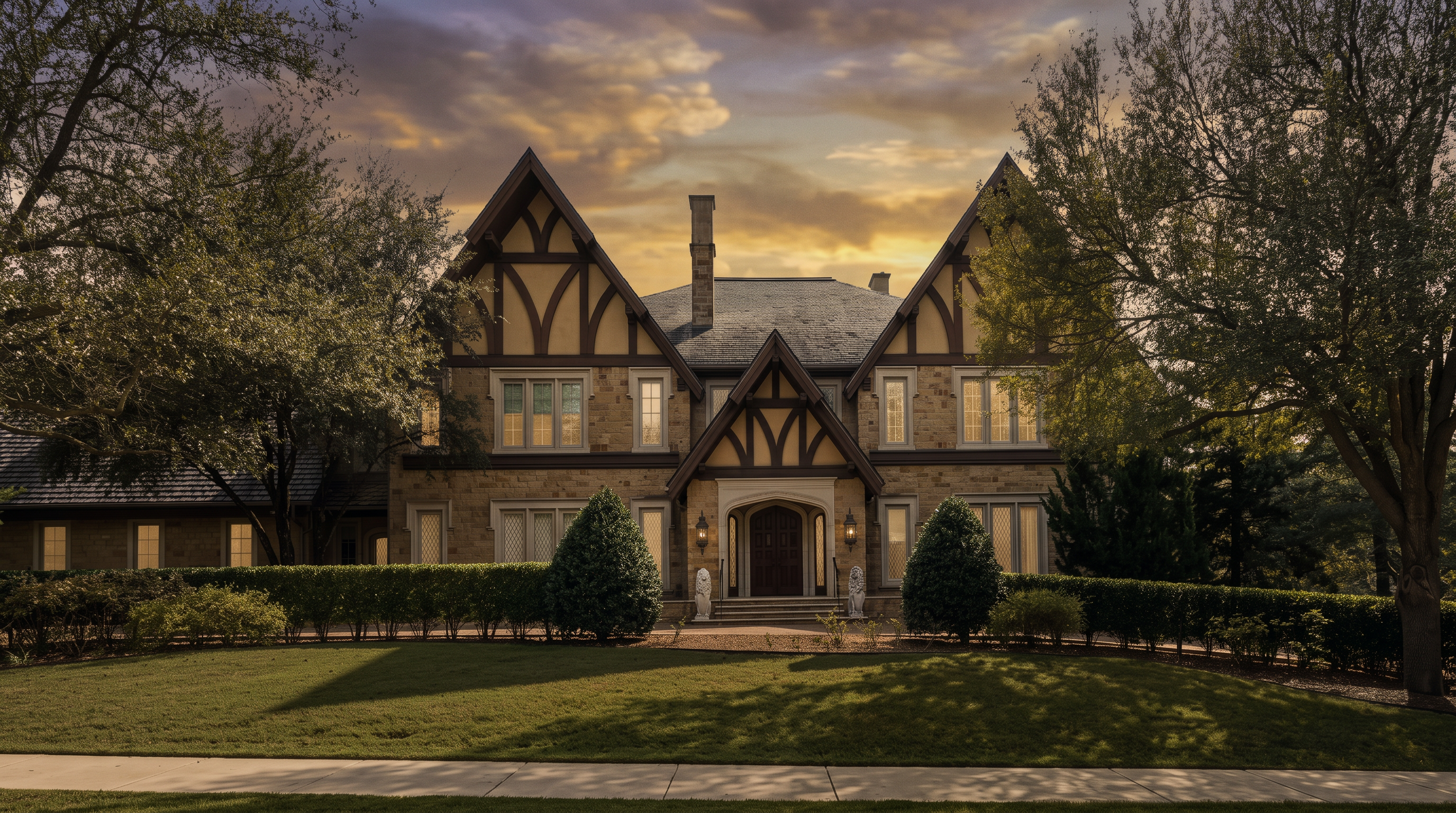 This grand Tudor-style residence features a symmetrical facade with stone masonry, dark timber framing, and a steep-pitched roofline. The property is framed by mature trees and a manicured lawn, with a central arched entryway flanked by two decorative lion statues. The perspective is a straight-on, eye-level shot that emphasizes the home's stately curb appeal and architectural detail.
