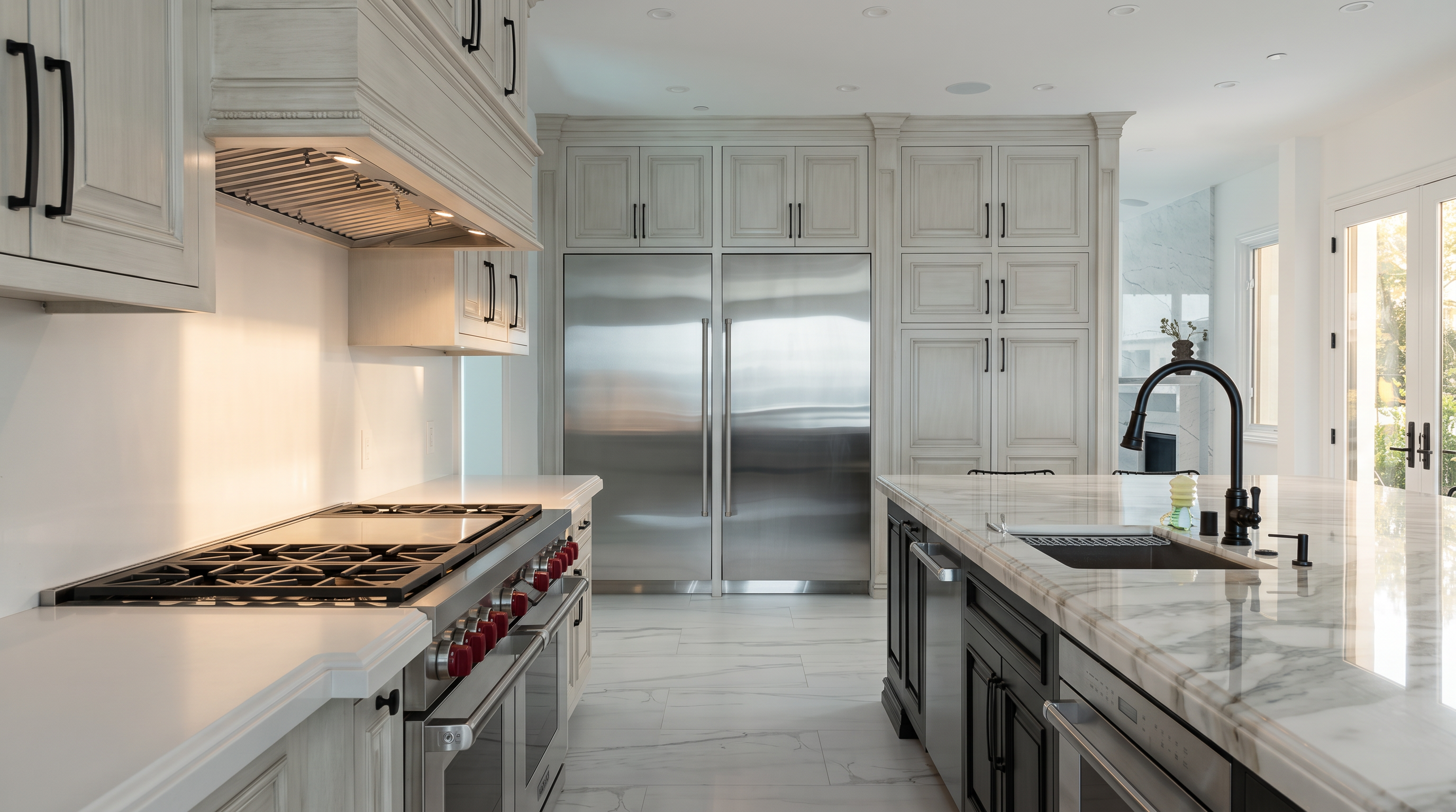 This high-end kitchen features a professional-grade range with a stainless steel hood, paired with light-toned cabinetry and a large central island topped with veined stone. The space is anchored by a double-door stainless steel refrigerator and a dark-toned base cabinet island with a farmhouse-style sink and a matte black faucet. The perspective is a wide-angle shot from the kitchen aisle, showcasing the clean lines, bright recessed lighting, and light-colored stone flooring throughout.