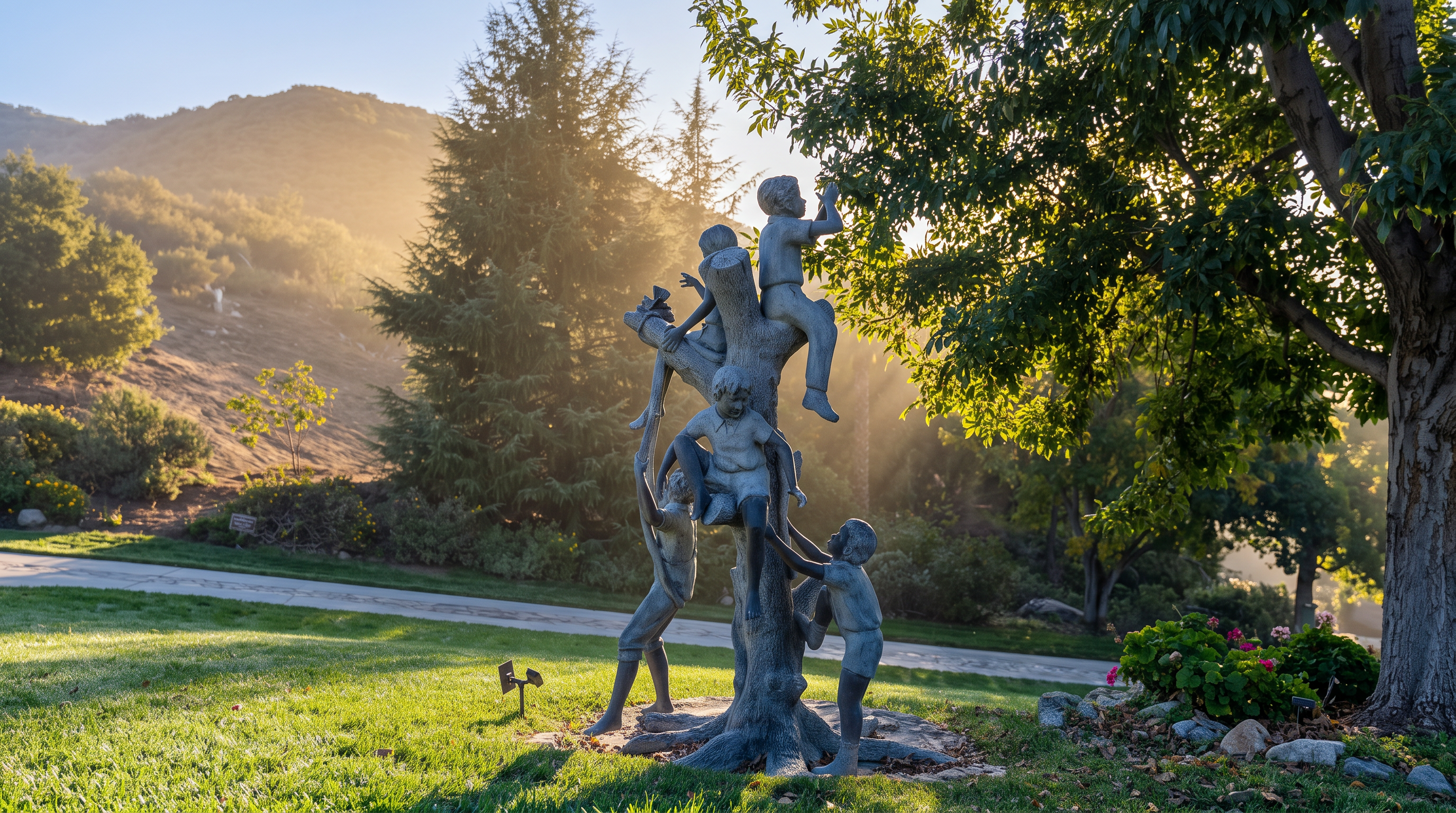 This outdoor garden space features a charming bronze or stone sculpture of children climbing a tree, serving as a focal point within a well-manicured lawn. The landscaped area is framed by lush trees and distant hills, providing a serene and park-like atmosphere. It is an appealing decorative feature that enhances the aesthetic curb appeal of the property grounds.