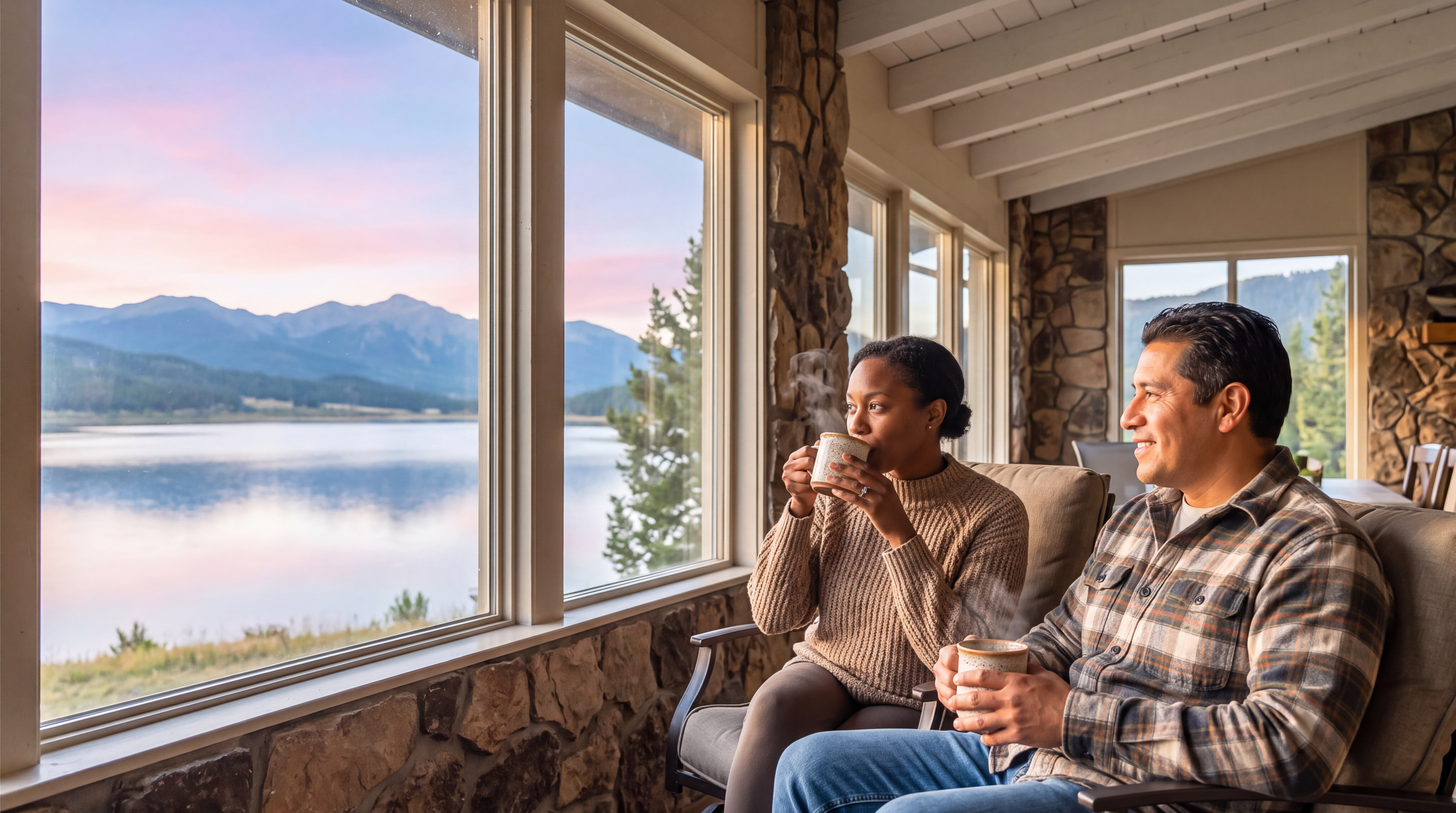 This cozy sunroom features expansive floor-to-ceiling windows that provide panoramic, scenic views of a tranquil lake and mountains at sunset. The space is highlighted by rustic stone wall detailing and comfortable seating, creating a warm, inviting atmosphere perfect for relaxation. The combination of natural textures and breathtaking vistas makes this an exceptional living area.