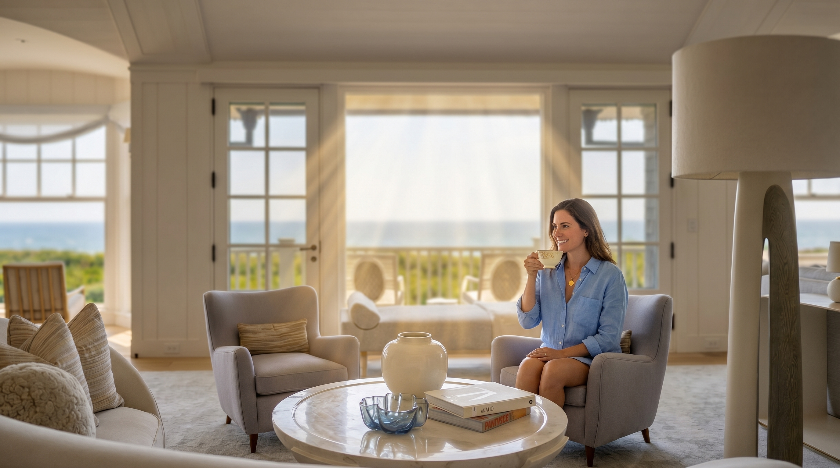 This bright and airy living room features a sophisticated, neutral color palette and a vaulted ceiling with exposed beams. The space is anchored by a curved sofa and two armchairs arranged around a circular stone coffee table, all oriented toward a wide set of glass doors that frame a panoramic ocean view. A tall, sculptural floor lamp stands prominently in the foreground, while the room's clean lines and light-filled atmosphere create a serene, coastal-inspired aesthetic.