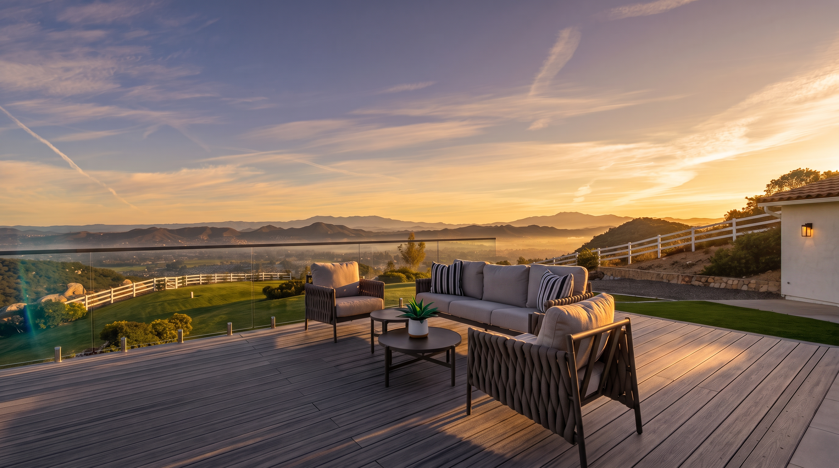 This spacious, modern deck features a high-end patio furniture set consisting of a sofa and matching armchairs arranged around two circular coffee tables. The deck is enclosed by a sleek glass railing that provides an unobstructed, panoramic view of the surrounding hills, valley, and community below. The outdoor space is ideal for entertaining and enjoying the serene, expansive landscape.