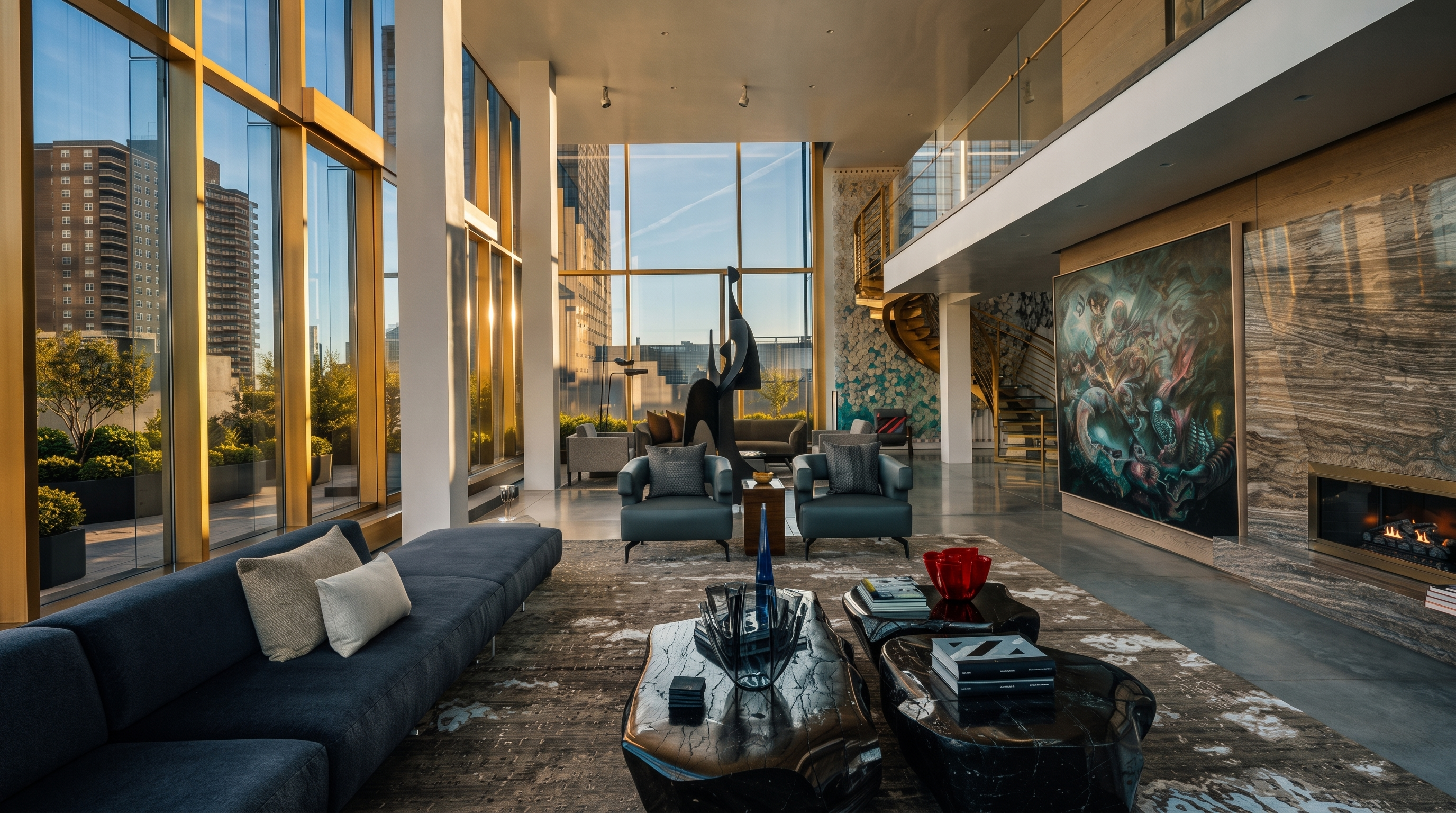 This expansive, double-height living room features a sophisticated contemporary design with floor-to-ceiling windows that flood the space with natural light. The room is anchored by a large, dark sofa and two armchairs, centered around unique, organic-shaped coffee tables on a textured area rug. A prominent, large-scale abstract painting hangs beside a stone-clad chimney breast, while a spiral staircase and mezzanine level add architectural depth to this luxurious urban residence.