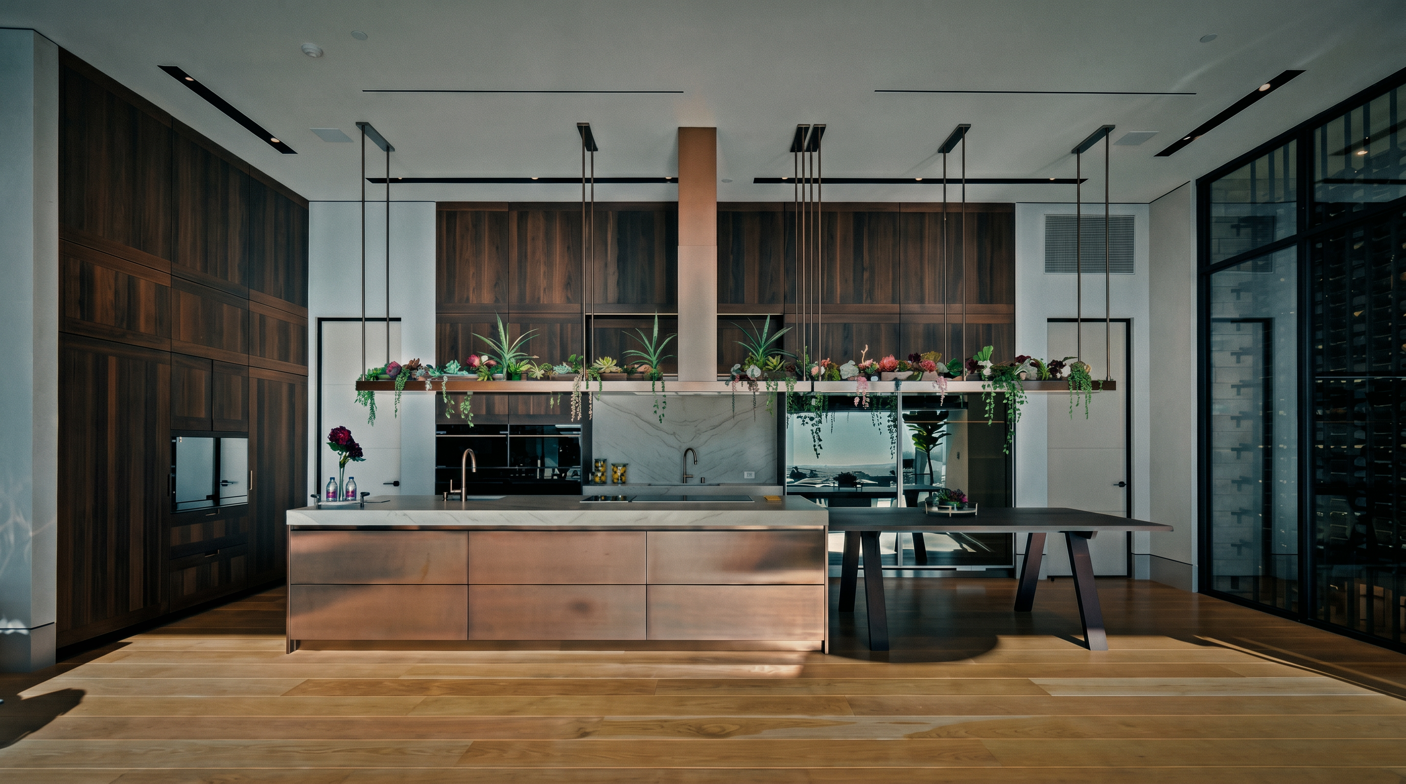 This ultra-modern, high-end kitchen features a striking metallic copper island paired with a sleek, dark wood cabinetry wall. A unique, suspended planter box hangs above the island, adding a touch of organic greenery to the sophisticated, minimalist design. The perspective is a wide, symmetrical shot that emphasizes the clean lines, premium materials, and the seamless integration of luxury appliances.