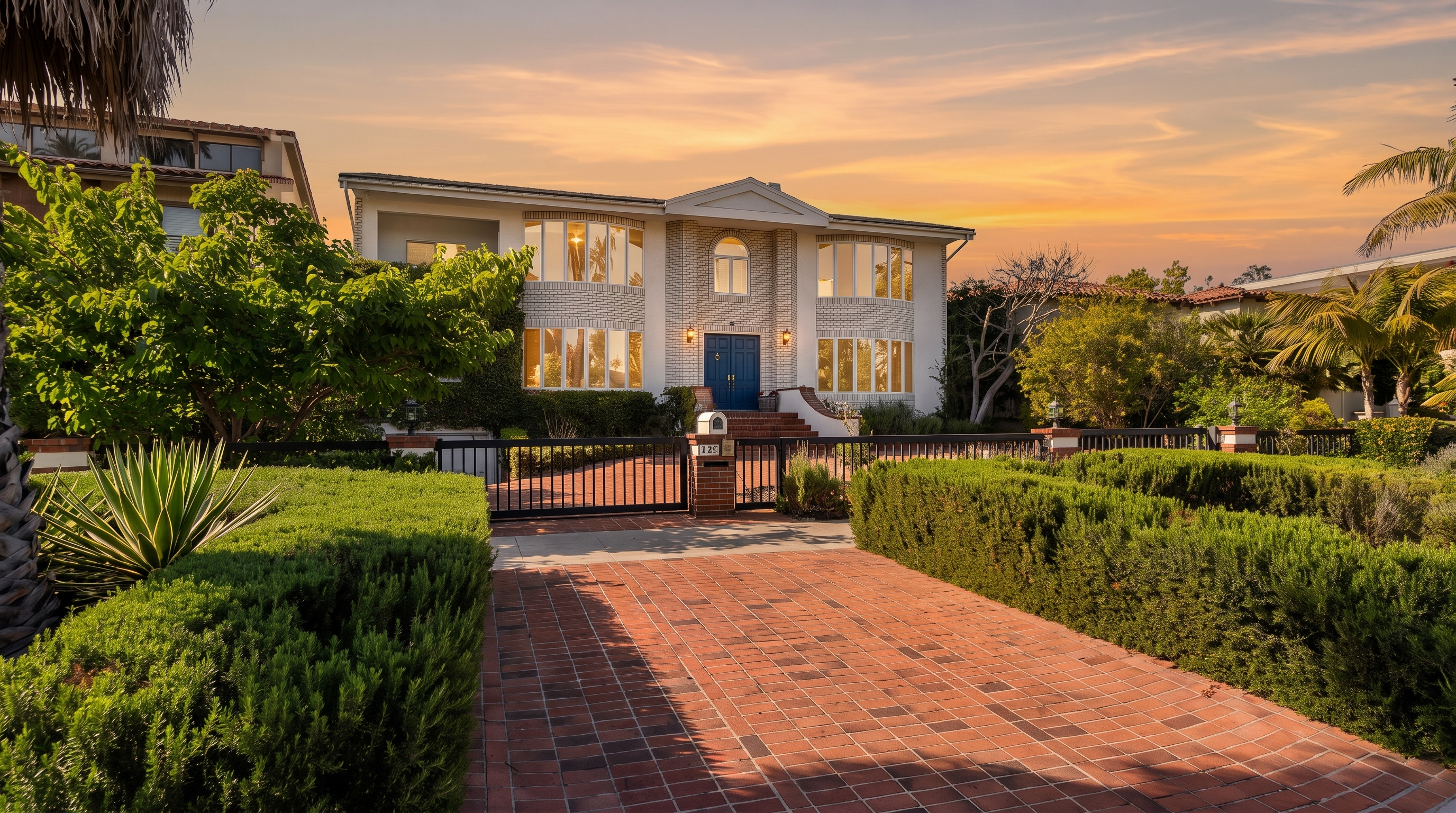 This two-story residence features a symmetrical facade with a brick exterior and a prominent central entryway with a blue double door. A brick-paved driveway leads up to a gated entrance, flanked by manicured hedges and mature landscaping. The bright, sunny perspective highlights the classic architectural style and the well-maintained curb appeal of the property.