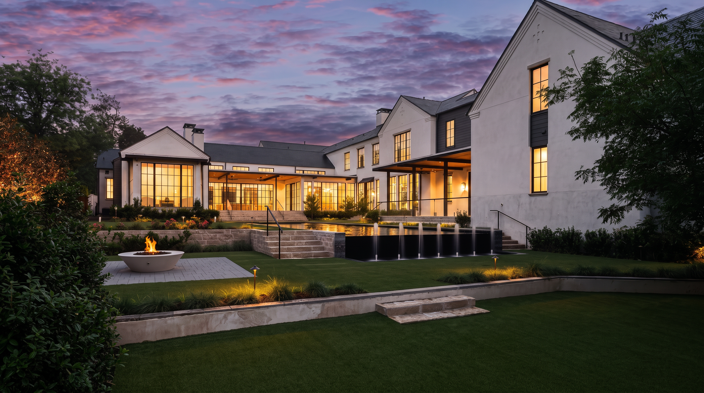 This stunning rear view of a luxury estate showcases a sophisticated white-stucco home with dark-framed windows and a multi-gabled roofline. The expansive backyard features a tiered landscape with a modern infinity-edge pool, a series of water fountains, and a stone-paved patio area centered around a circular fire bowl. The scene is captured at dusk, with the warm glow of interior and landscape lighting contrasting against a vibrant, twilight sky.