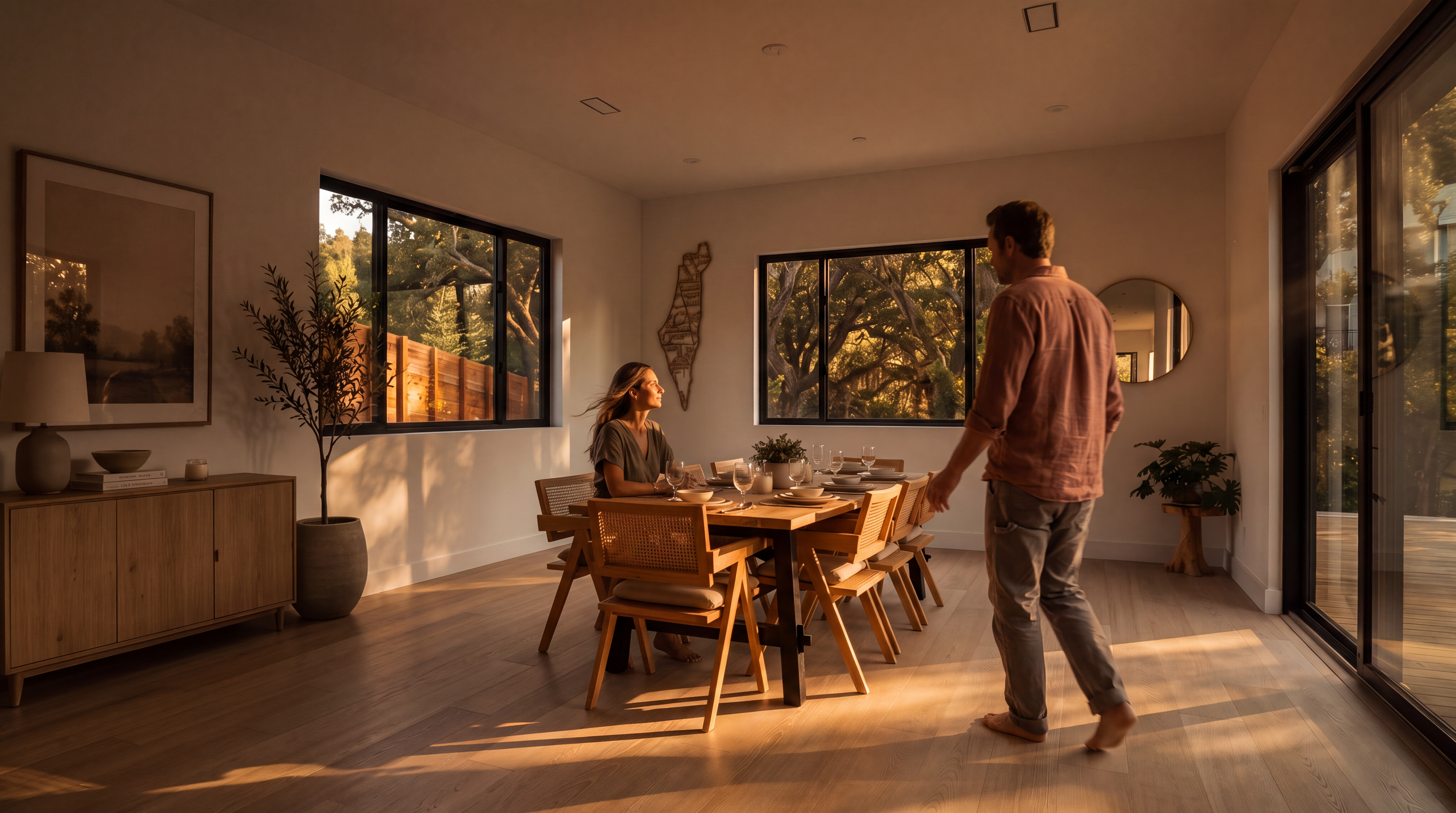 This bright and airy dining room features light wood flooring and a large wooden dining table surrounded by woven-back chairs. The space is accented by a minimalist sideboard, a potted plant, and a decorative wall map, all illuminated by natural light streaming through large windows. A sliding glass door provides a seamless transition to the outdoor area, creating an inviting and open atmosphere.