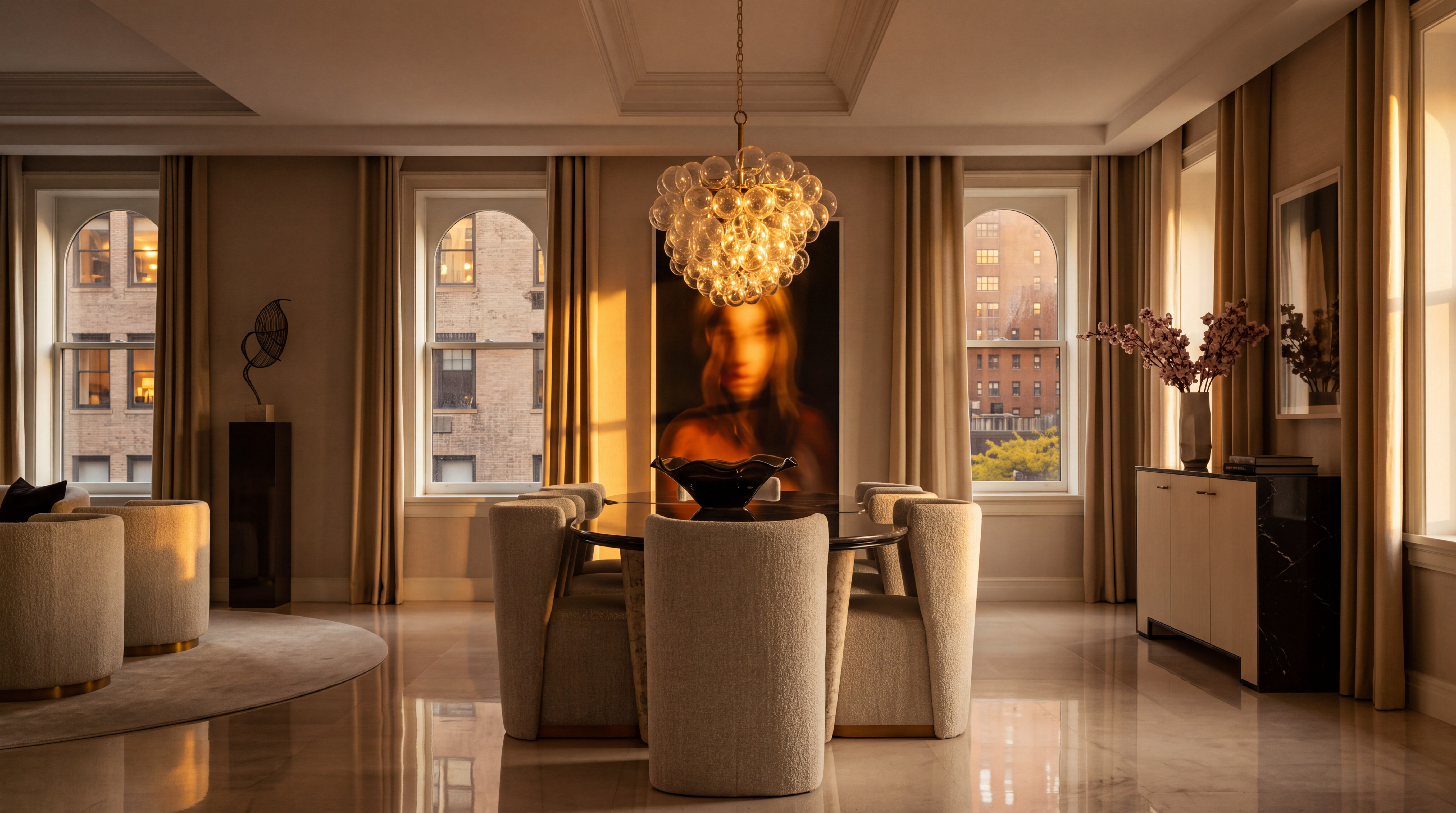 This elegant dining room features a central glass-topped table surrounded by four upholstered, curved-back chairs in a neutral textured fabric. A striking, multi-tiered glass bubble chandelier hangs from a recessed ceiling detail, serving as the room's focal point. The space is framed by tall windows with floor-length curtains, and a large, dark abstract art piece provides a dramatic contrast against the light-toned walls and polished stone flooring.