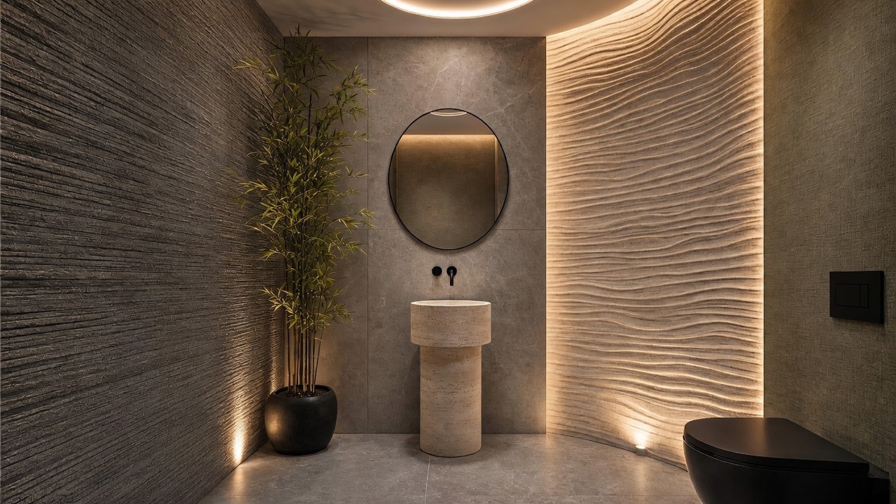 This contemporary powder room features a striking stone pedestal sink paired with a circular mirror and minimalist matte black fixtures. The space is defined by its dramatic textures, including a dark, linear-patterned wall on the left and a backlit, undulating stone feature wall on the right. A potted bamboo plant adds a touch of organic greenery, while the warm, integrated lighting creates a sophisticated and serene atmosphere.