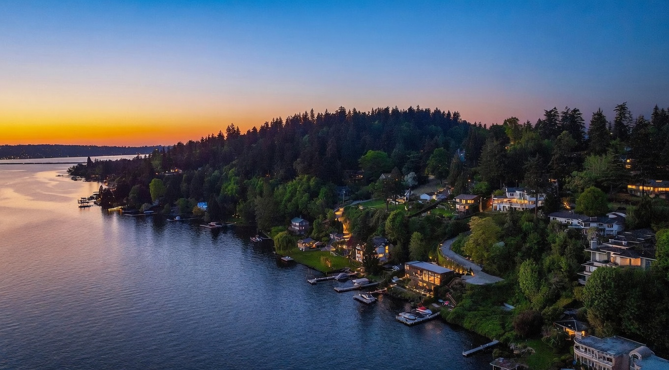 This stunning aerial perspective captures a luxury waterfront property nestled along a lush, tree-lined shoreline at sunset. The scene highlights multiple multi-level homes with private docks extending into the calm water, illuminated by warm evening lighting. The composition emphasizes the serene, elevated coastal lifestyle and the seamless integration of architecture with the natural landscape.