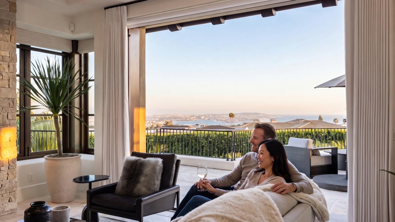 This sophisticated indoor-outdoor living area features a seamless transition to a private balcony with panoramic coastal and harbor views. The space is elegantly furnished with a modern armchair and a cozy seating area where a couple is relaxing, enhanced by high-end finishes and warm ambient lighting. It perfectly captures a luxurious lifestyle, blending indoor comfort with a stunning, scenic outdoor environment.