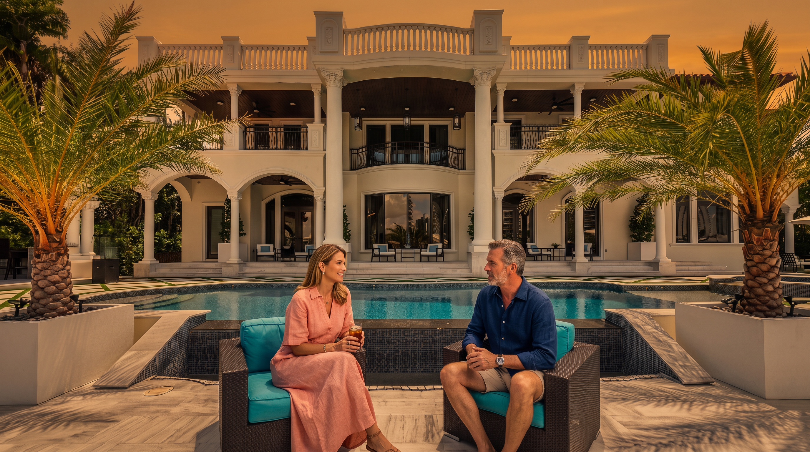 This grand, Mediterranean-inspired estate features a symmetrical rear facade with prominent white columns and a multi-level balcony design. A sparkling swimming pool sits directly in front of the house, framed by two large palm trees and a pair of vibrant blue outdoor chairs in the foreground. The architecture showcases classic elegance with arched openings and a stone-paved patio, creating a luxurious and inviting outdoor living space.