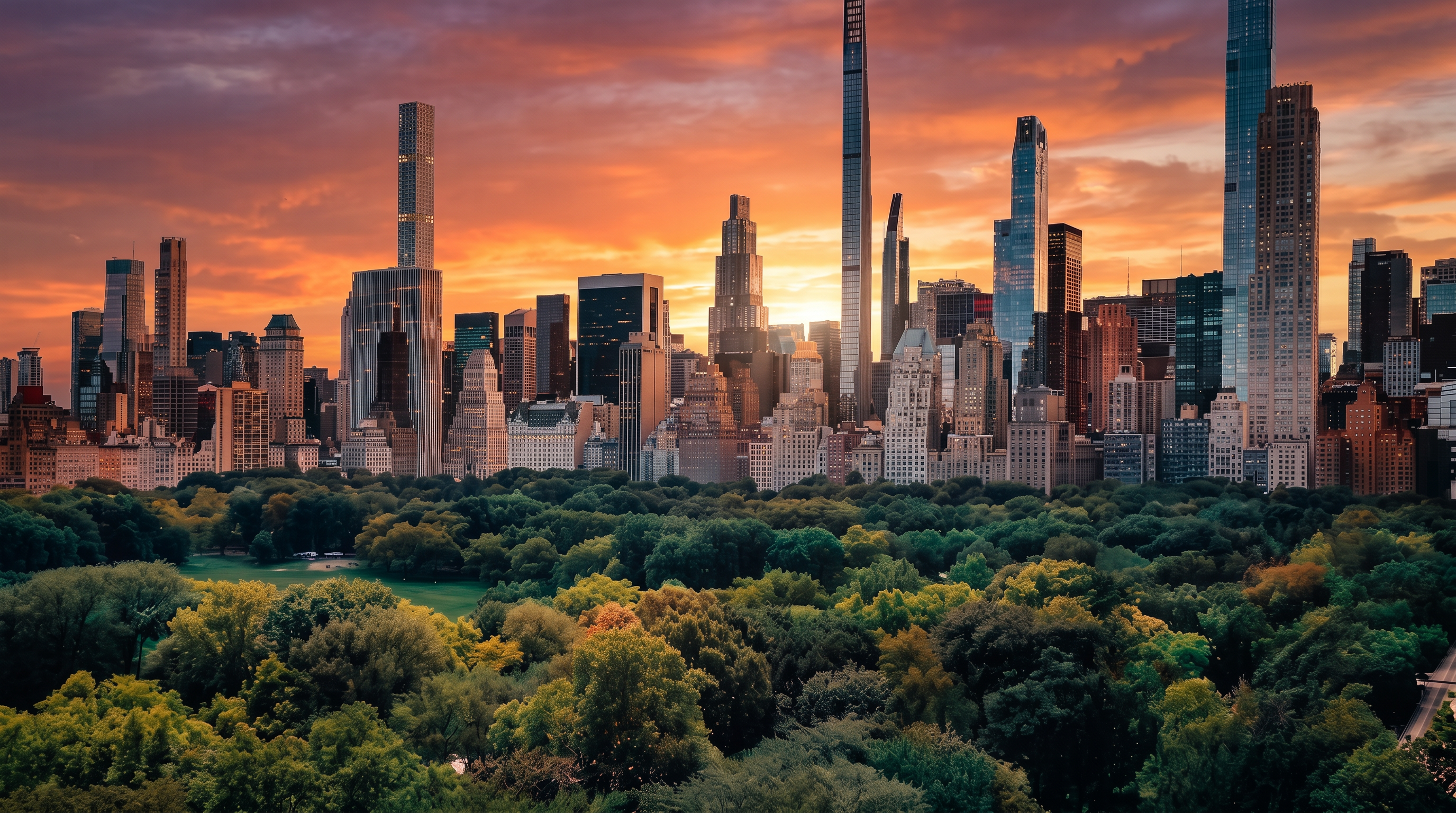 This panoramic aerial view showcases a vibrant cityscape dominated by numerous towering skyscrapers set against a dramatic, fiery sunset. In the foreground, a dense, lush green expanse of parkland provides a natural contrast to the dense urban architecture. The composition emphasizes the premier location and desirable skyline outlook, characteristic of high-end metropolitan real estate.