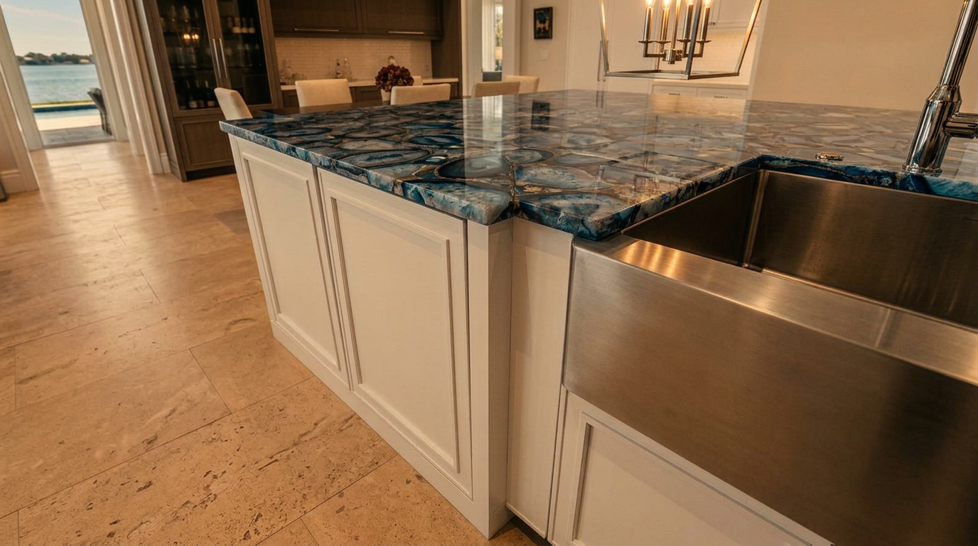 This kitchen features a striking island countertop crafted from vibrant blue agate, creating a luxurious and artistic focal point. The space is anchored by a stainless steel farmhouse sink set within clean, white cabinetry that offers a sophisticated contrast. The open design allows for a seamless view towards the bright backyard, emphasizing a modern and high-end aesthetic.