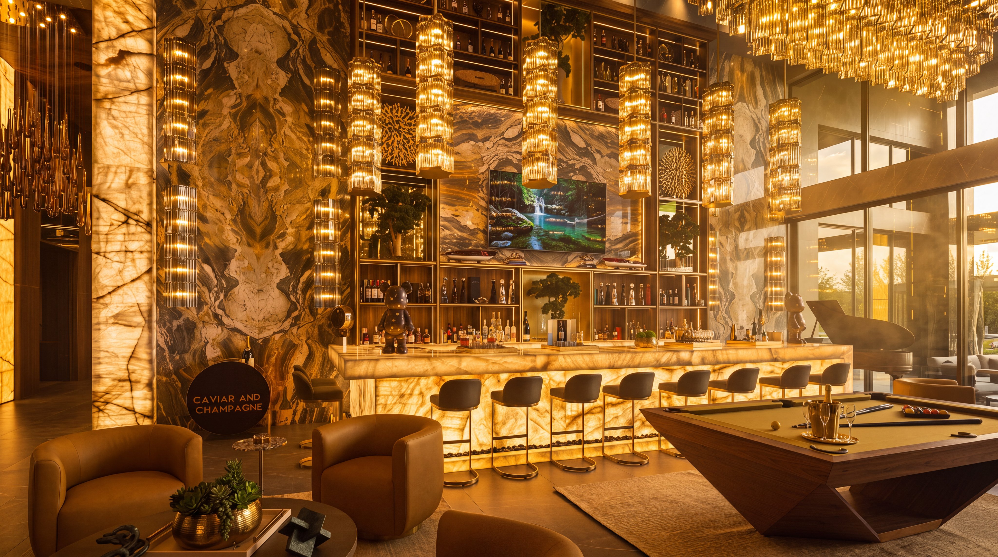 This luxurious lounge area features a prominent bar with a glowing, backlit stone counter and extensive shelving for spirits. The space is defined by dramatic, veined stone walls, a pool table, and a sophisticated arrangement of leather armchairs and bar stools. Cinematic lighting from multiple tiered crystal chandeliers creates an opulent atmosphere, while large windows provide a view of the outdoor landscape.