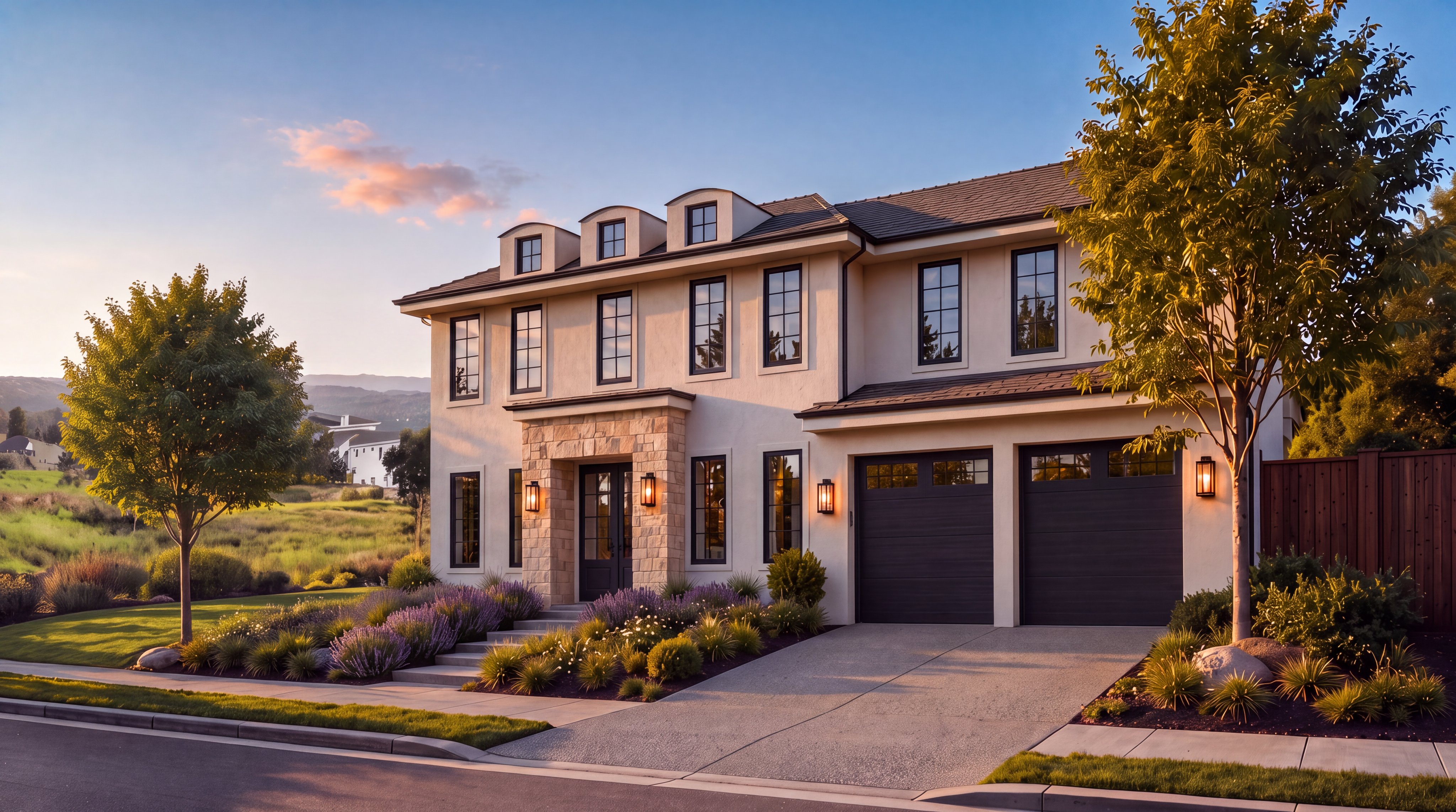 This elegant, multi-story home features a modern Mediterranean aesthetic with a stucco exterior and warm stone accents around the entrance. The property includes a spacious two-car garage, professionally landscaped gardens with lavender and ornamental grasses, and an inviting walkway leading to the front door. The scene is set during golden hour, highlighting the warm illumination of the exterior wall-mounted lights and the home's symmetrical architectural design.
