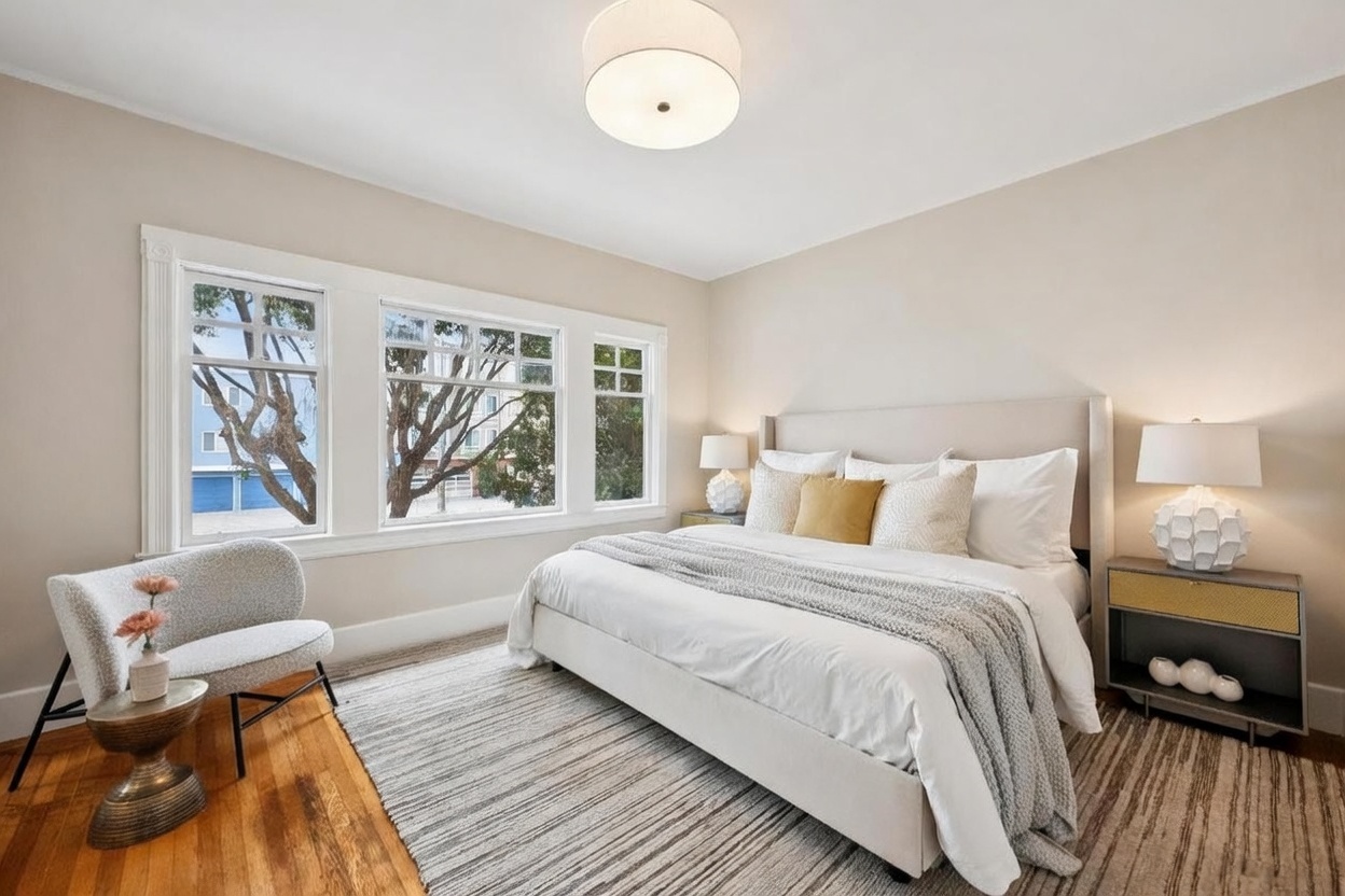 This bright and airy primary bedroom features a neutral color palette, a large upholstered bed, and a textured area rug over hardwood floors. A cozy accent chair sits near the large windows, which provide ample natural light and a view of the neighborhood. The room is completed by matching bedside tables with decorative lamps and a modern drum-style ceiling fixture.