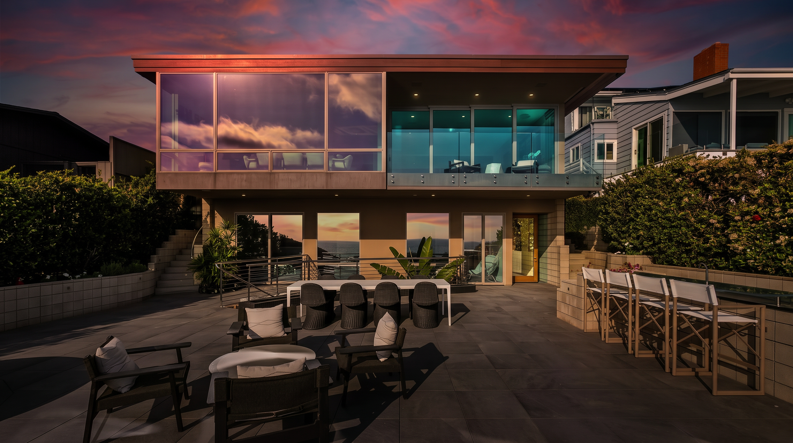 This expansive, modern patio features large, dark-toned stone pavers and is furnished with a contemporary dining set and comfortable outdoor lounge chairs. The space is set against the backdrop of a multi-level home with large windows and glass railings, offering a seamless transition between indoor and outdoor living. The setting is bright and open, highlighting a clean, architectural aesthetic perfect for entertaining.