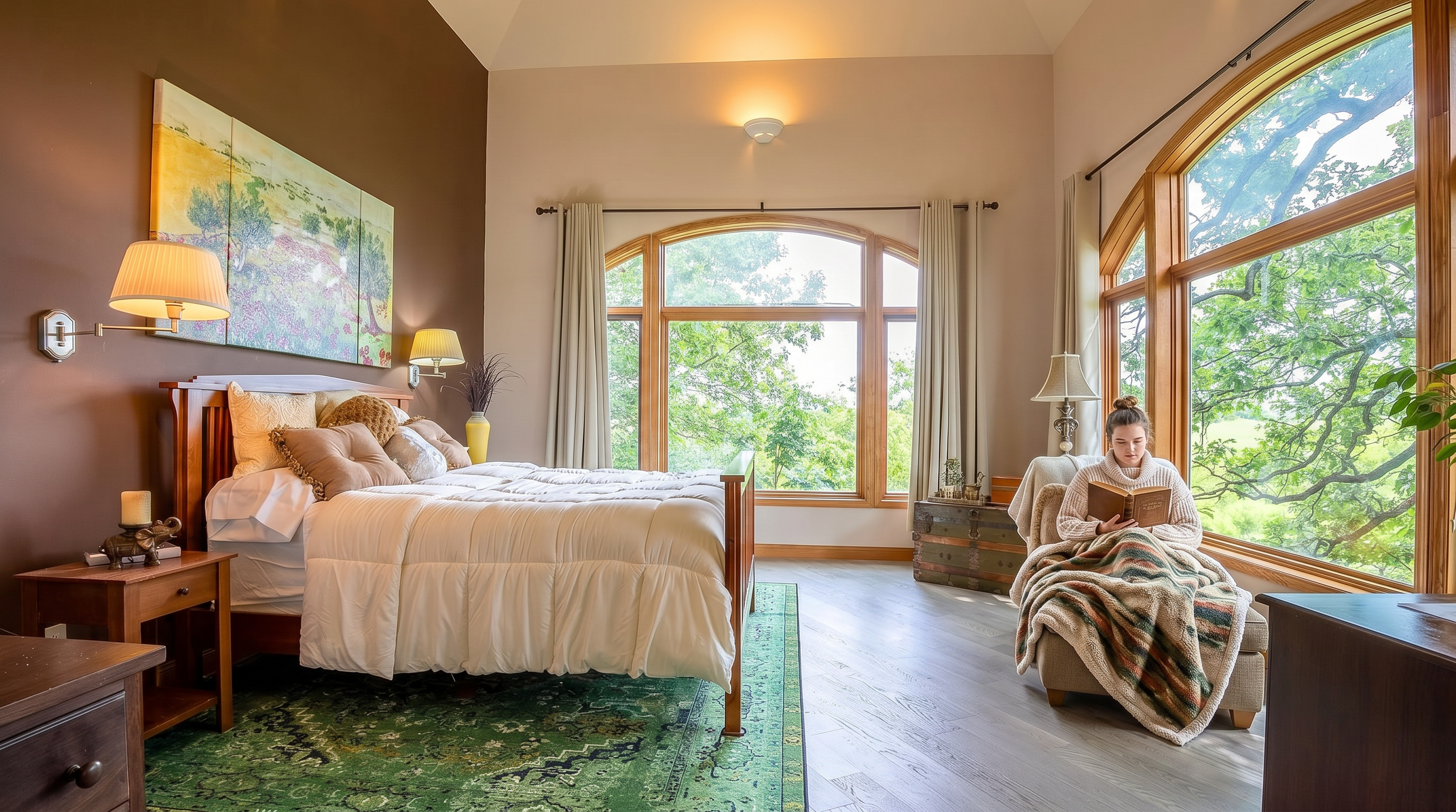 This spacious primary bedroom features a warm, inviting atmosphere with a deep brown accent wall behind the bed and light-toned walls throughout. A large, green patterned area rug anchors the space, while expansive windows provide abundant natural light and scenic views of the surrounding trees. The room is furnished with a comfortable bed, a chaise lounge, and a rustic wooden chest, creating a serene and well-appointed retreat.