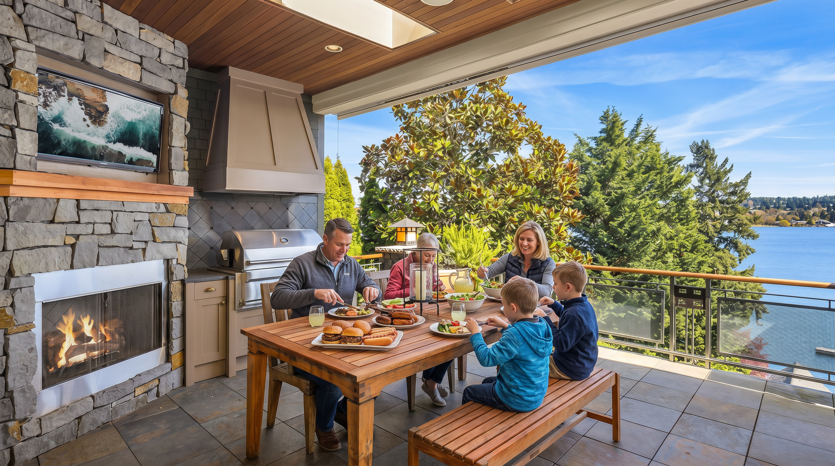 This luxurious covered outdoor patio features a stone-clad fireplace with an integrated television, a built-in stainless steel grill, and a wooden dining set. The space is designed for seamless indoor-outdoor living, offering panoramic views of the water and surrounding trees through an open-air design. The combination of natural stone, wood-paneled ceilings, and modern metal railings creates a sophisticated and inviting atmosphere for entertaining.