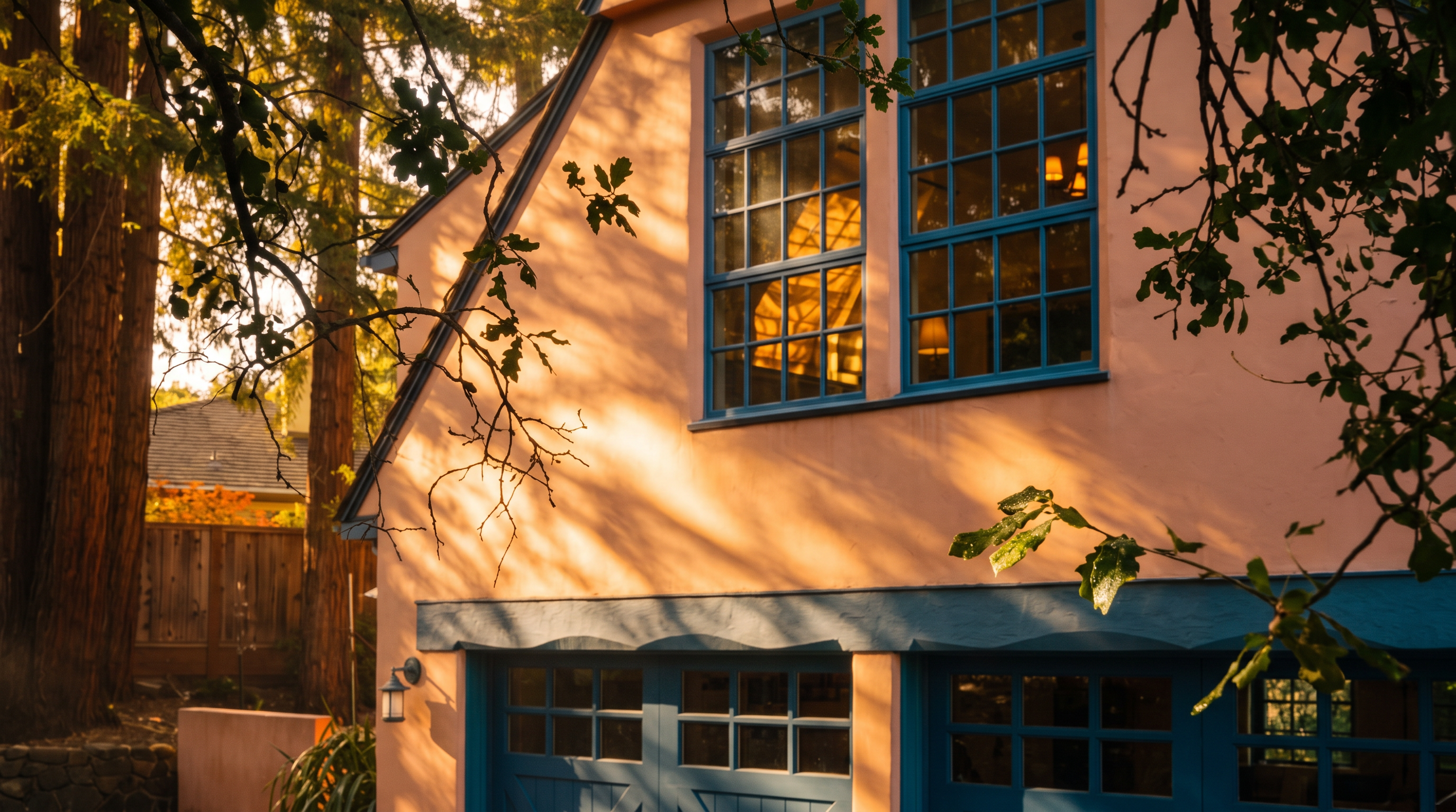 This image showcases the side profile of a charming house, highlighting a garage with elegant blue-framed windows and doors. The soft, golden hour light casts artistic shadows from overhanging tree branches onto the warm-toned peach stucco facade. The combination of the classic architectural detailing and the tranquil, sun-drenched setting creates a welcoming and picturesque curb appeal.