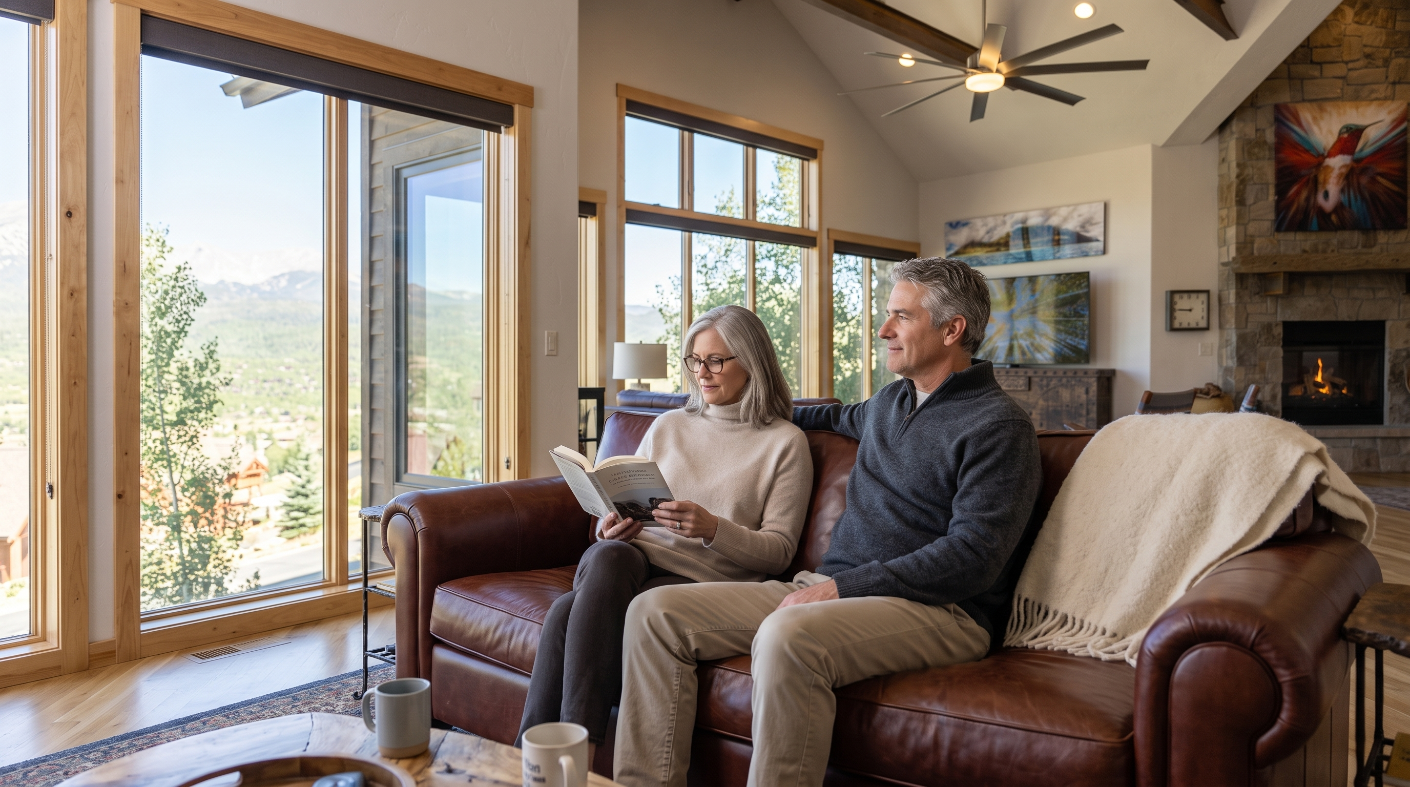 This inviting living room features a warm, rustic aesthetic with a rich leather sofa, wood flooring, and a stone fireplace. Large windows provide stunning, expansive mountain views and fill the room with natural light, creating a comfortable and scenic atmosphere. The space includes a ceiling fan, modern lighting, and curated decor, highlighting a cozy and well-appointed home environment.