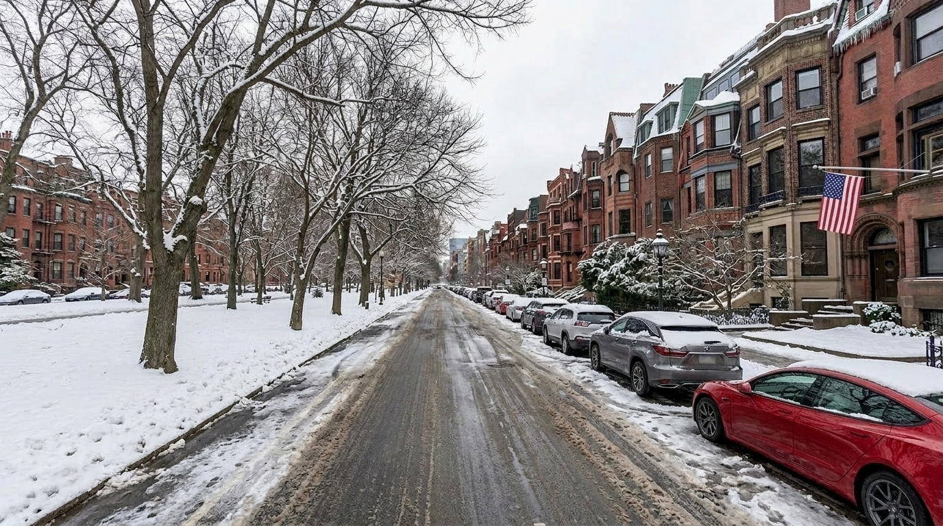 This image captures the front entryway of a classic brick townhouse, accessed by a stone walkway flanked by decorative black iron fencing. The entrance features a dark-painted door with a small balcony above, set against a backdrop of traditional masonry and tall, multi-pane windows. The scene is framed by snow-covered landscaping, suggesting a cold, winter setting that highlights the home's historic urban character.
