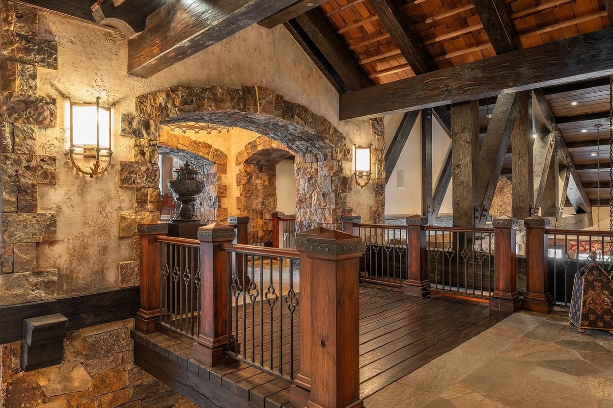 This rustic, lodge-style hallway features heavy timber beams, stone-clad archways, and a rich wood railing system. The space is characterized by its warm, textured aesthetic, with dark wood flooring and intricate ironwork accents. The perspective looks down a bridge-like walkway, highlighting the craftsmanship and the dramatic, vaulted ceiling structure above.