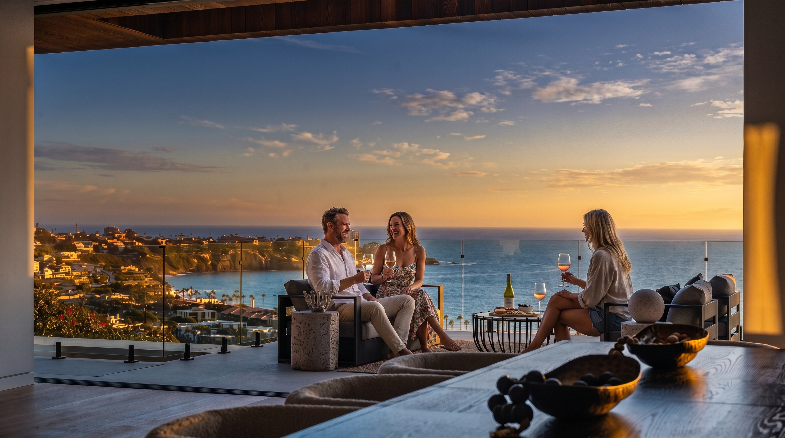 This image captures a sophisticated dining area that seamlessly transitions into an expansive outdoor balcony overlooking a stunning coastal vista. The foreground features a dark dining table adorned with decorative bowls, while the open-concept design leads the eye toward a modern outdoor lounge set positioned against a glass railing. The scene emphasizes a luxurious indoor-outdoor lifestyle, framed by a wide opening that provides an unobstructed panoramic view of the ocean and coastline.