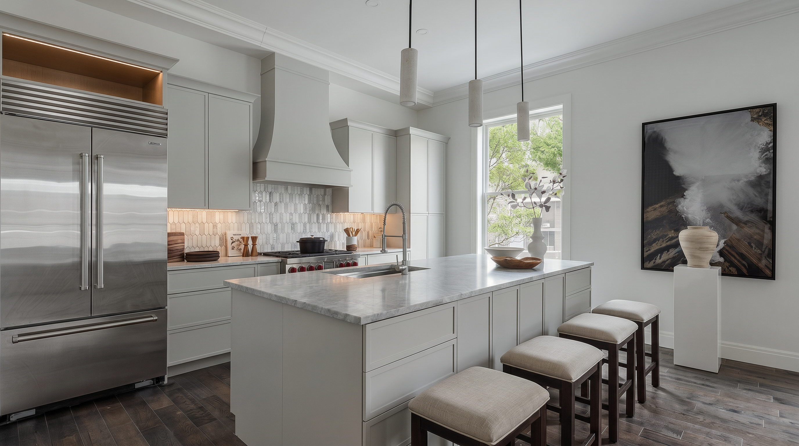 This elegant, modern kitchen features a spacious central island with a marble countertop and bar seating, complemented by sleek white cabinetry and high-end stainless steel appliances. The room is bathed in natural light from a large window, highlighting the rich dark hardwood floors and the sophisticated pendant lighting above the island. A large, dramatic piece of abstract art on the wall adds a contemporary artistic touch to the clean, bright aesthetic.