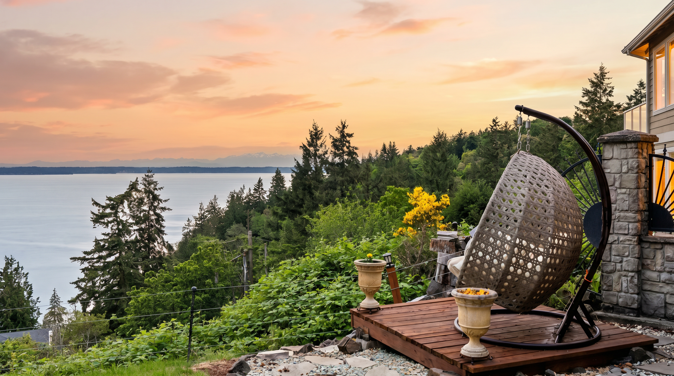 This image captures a serene outdoor deck space featuring a hanging wicker egg chair that overlooks a breathtaking panoramic view of a large body of water and distant mountains. The wooden deck is adorned with two decorative stone planters and is framed by lush green trees and a cable railing system. The perspective is from a slightly elevated angle, emphasizing the tranquil atmosphere and the expansive natural scenery.