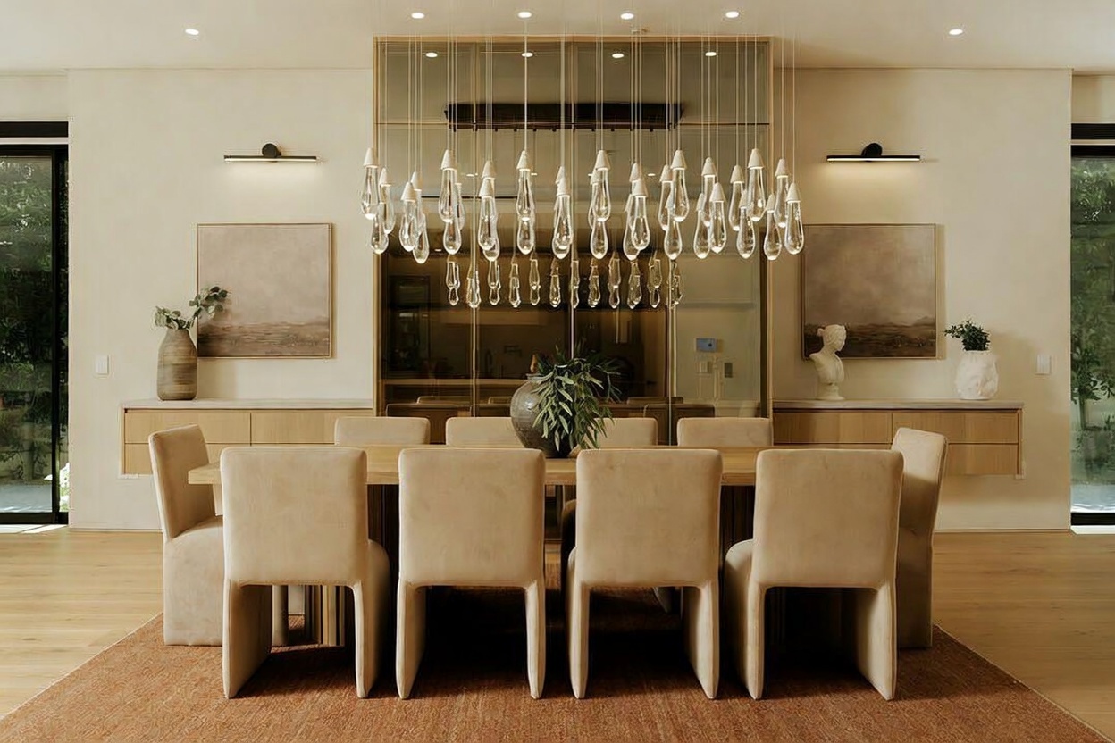 This elegant dining room features a long wooden table surrounded by eight upholstered chairs in a neutral tone, set atop a textured area rug. A striking, multi-pendant glass chandelier hangs above the center of the table, reflecting against the mirrored wall behind the dining area. The space is framed by light wood cabinetry and minimalist wall art, creating a sophisticated and serene atmosphere.