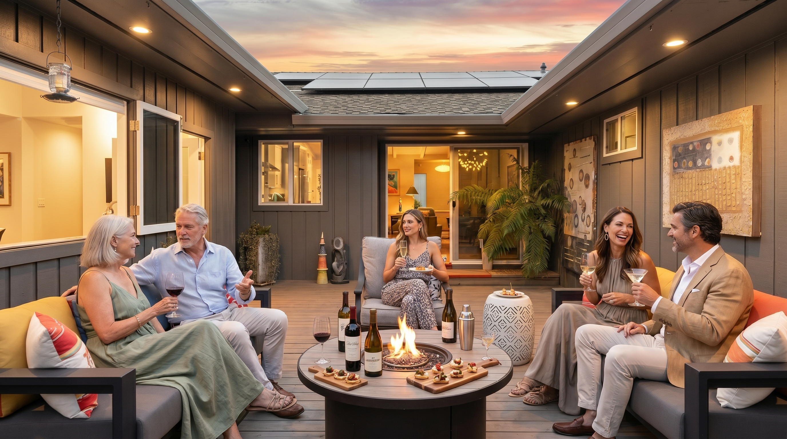 This inviting, modern outdoor patio serves as an ideal entertainment space, featuring a central fire pit surrounded by comfortable lounge seating for a group of friends. The deck area is framed by contemporary house architecture with integrated lighting, clean lines, and a warm, atmospheric setting perfect for social gatherings at sunset.
