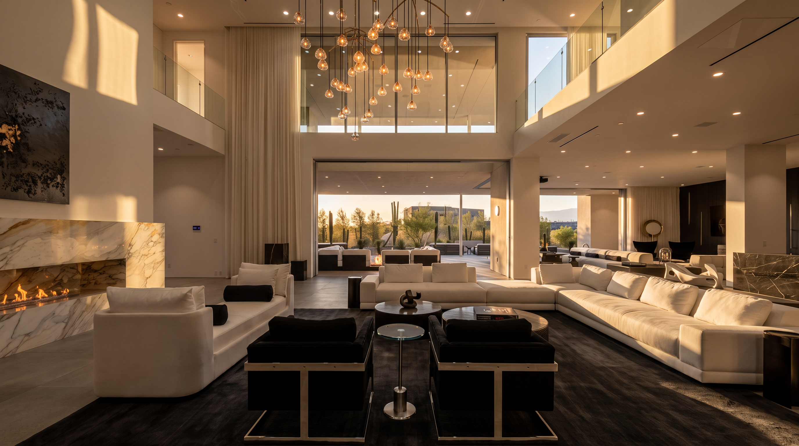 This expansive, double-height living room features a contemporary open-concept design with a neutral color palette and high-end finishes. A large, modular white sectional sofa and two black accent chairs are arranged on a dark area rug, centered around a stone-clad fireplace surround. The space seamlessly transitions to an outdoor patio through wide sliding glass doors, while a dramatic multi-pendant chandelier serves as a focal point above the seating area.