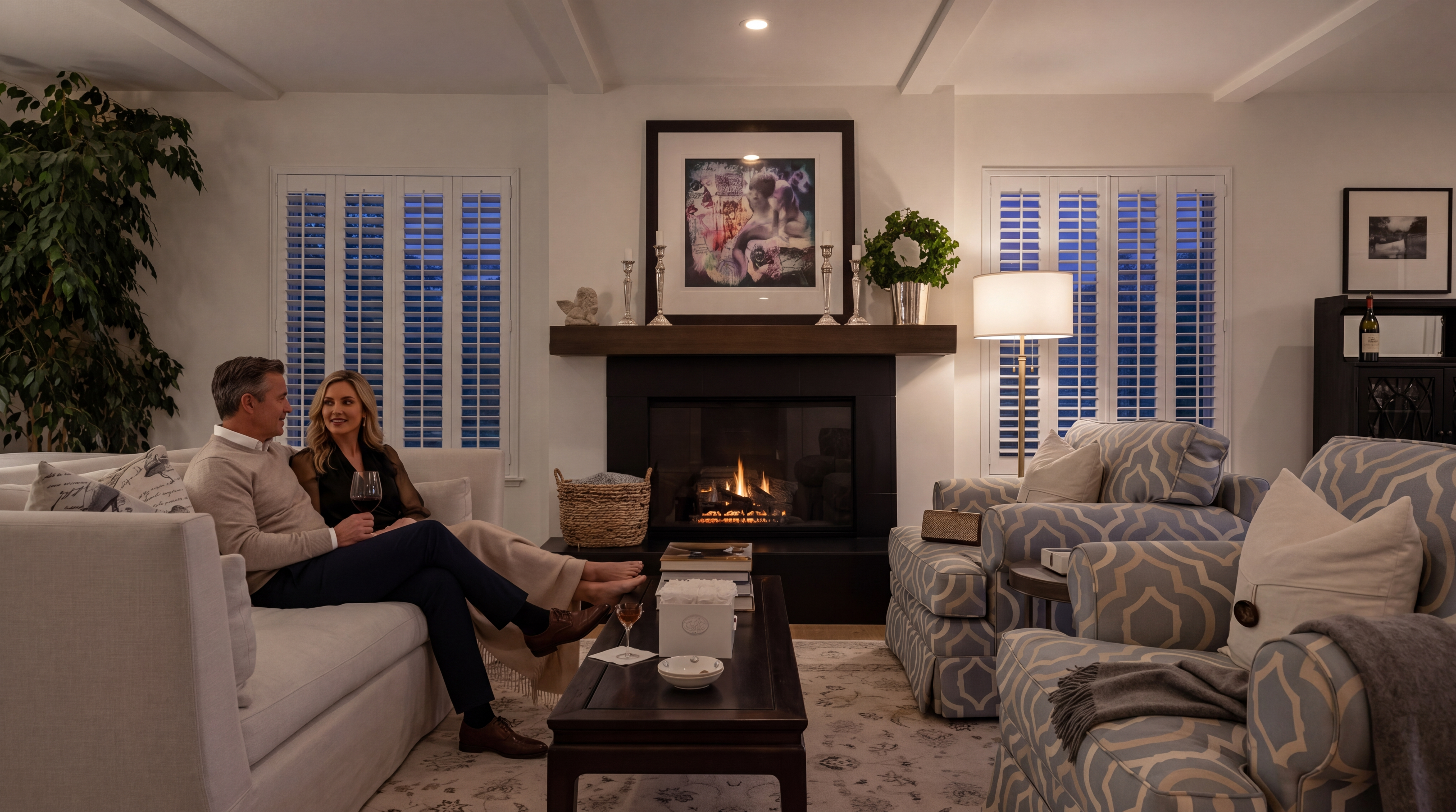 This bright and inviting living room features a central fireplace with a dark, sleek surround and a substantial wood mantel topped with decorative accents. The space is furnished with a plush white sofa and two patterned armchairs arranged around a dark wood coffee table, all resting on a light-toned area rug. Large windows with white plantation shutters flank the fireplace, allowing soft natural light to fill the room, which is finished with crisp white walls and a coffered ceiling.