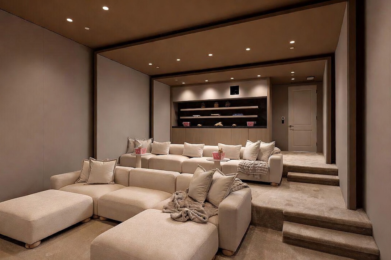 This image showcases a tiered home theater room designed for comfort and entertainment. The space features two levels of plush, light-toned sectional seating, recessed ceiling lighting, and a built-in shelving unit with integrated lighting on the back wall. The room is finished in a neutral, monochromatic palette, creating a sophisticated and cozy atmosphere.