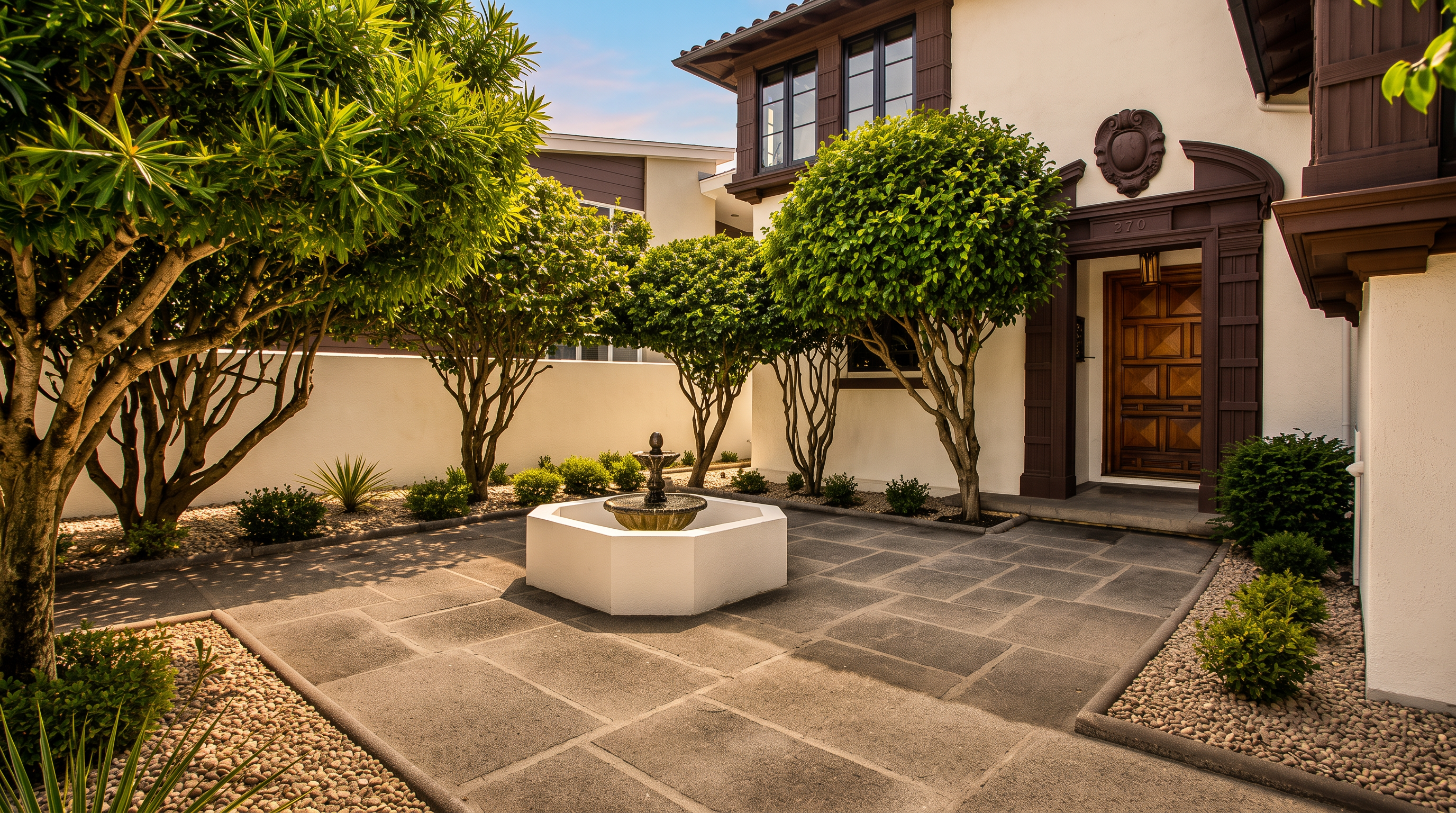 This inviting front entryway features a paved courtyard with a central tiered fountain, surrounded by manicured trees and low-maintenance landscaping. The home showcases a classic architectural style with a prominent, dark-trimmed wooden front door and a decorative medallion above the entrance. The scene is captured from a ground-level perspective, highlighting the clean lines of the stone patio and the balanced, symmetrical arrangement of the garden elements.