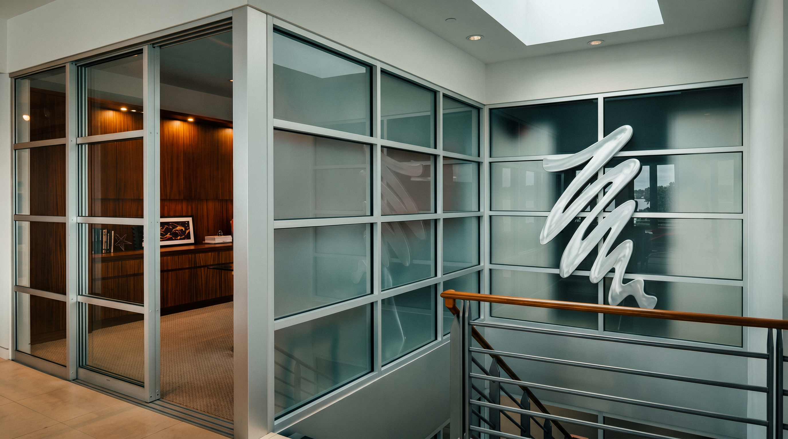 This interior view captures a modern landing area featuring a glass-enclosed office space with sliding doors and a sleek metal staircase railing. A large, abstract white sculpture is mounted on the frosted glass wall, adding a contemporary artistic element to the bright, open space. The area is illuminated by natural light from a skylight above, highlighting the clean lines and sophisticated architectural design.