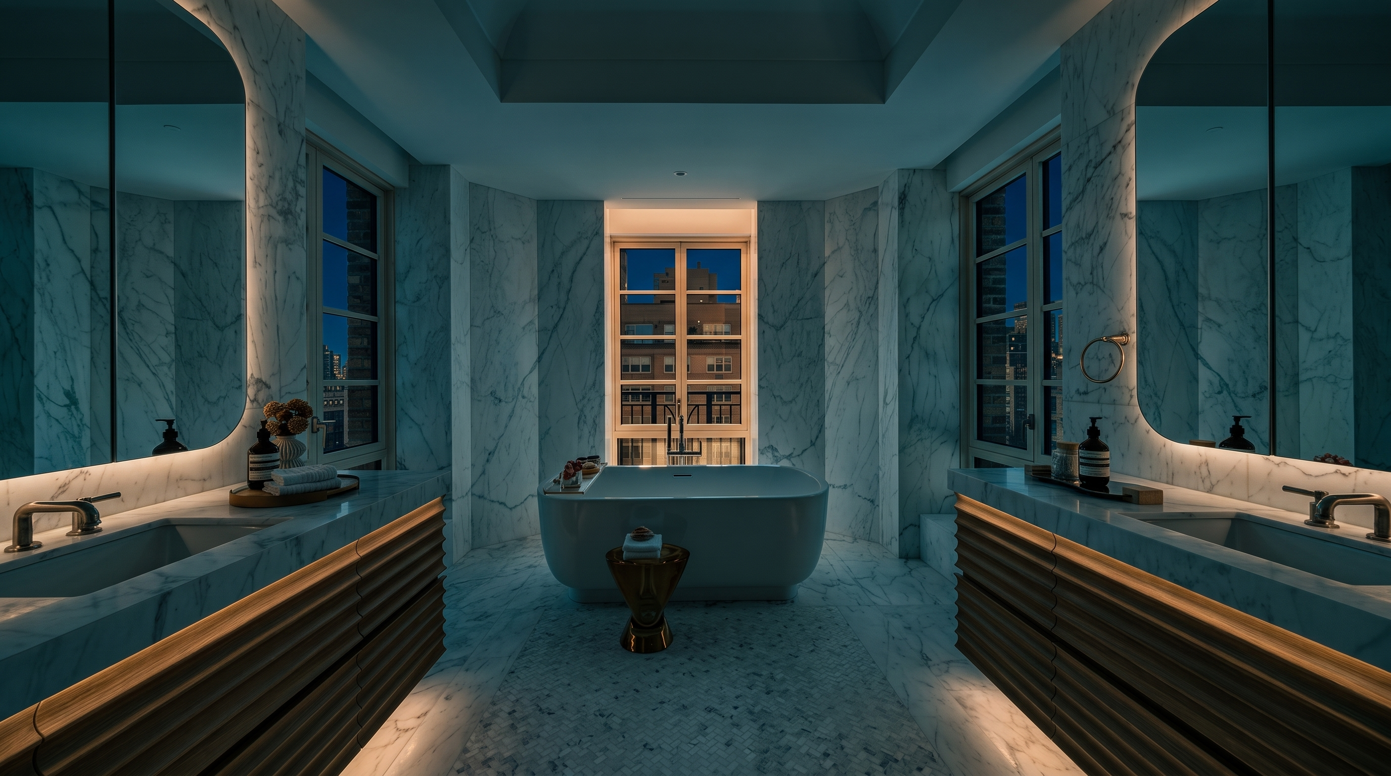This luxurious primary bathroom features a symmetrical layout with dual vanities flanking a central freestanding soaking tub. The space is finished with light-toned stone surfaces on the walls and floors, complemented by warm-toned, ribbed-front cabinetry and arched mirrors. Large windows on three sides flood the room with natural light, creating an airy and sophisticated atmosphere.