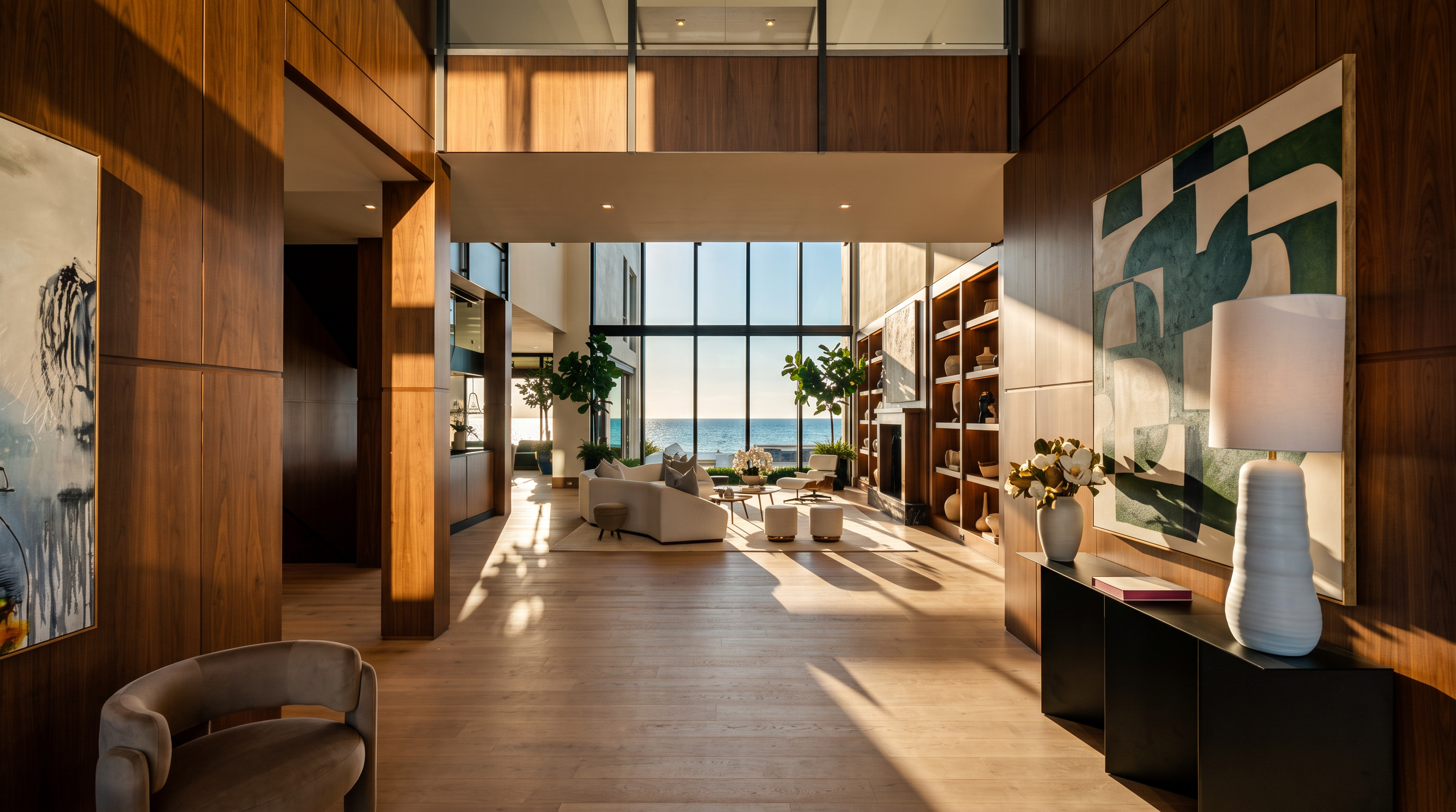 This expansive, open-concept living area features warm wood-paneled walls and light-toned wood flooring, creating a sophisticated and modern atmosphere. The space flows seamlessly toward a wall of large windows that frame a stunning, unobstructed view of the ocean. A minimalist seating arrangement is centered on a rug, while a sleek console table with a decorative lamp and abstract artwork anchors the foreground.
