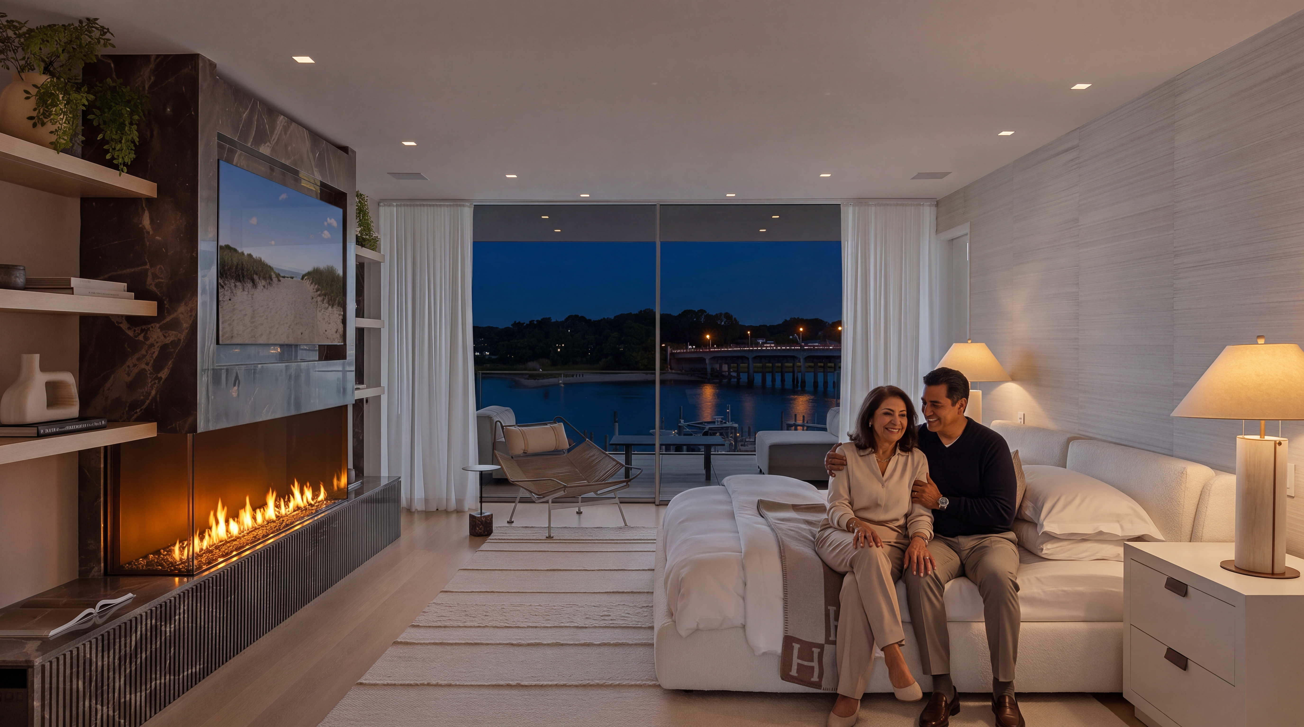 This luxurious primary bedroom features a contemporary design highlighted by a sleek linear fireplace built into a dark marble wall, complemented by an integrated flat-screen TV. The room overlooks a scenic waterfront through large floor-to-ceiling glass doors that open onto a private deck. With its sophisticated atmosphere, high-end furnishings, and calm lighting, the room offers a serene and refined living experience.