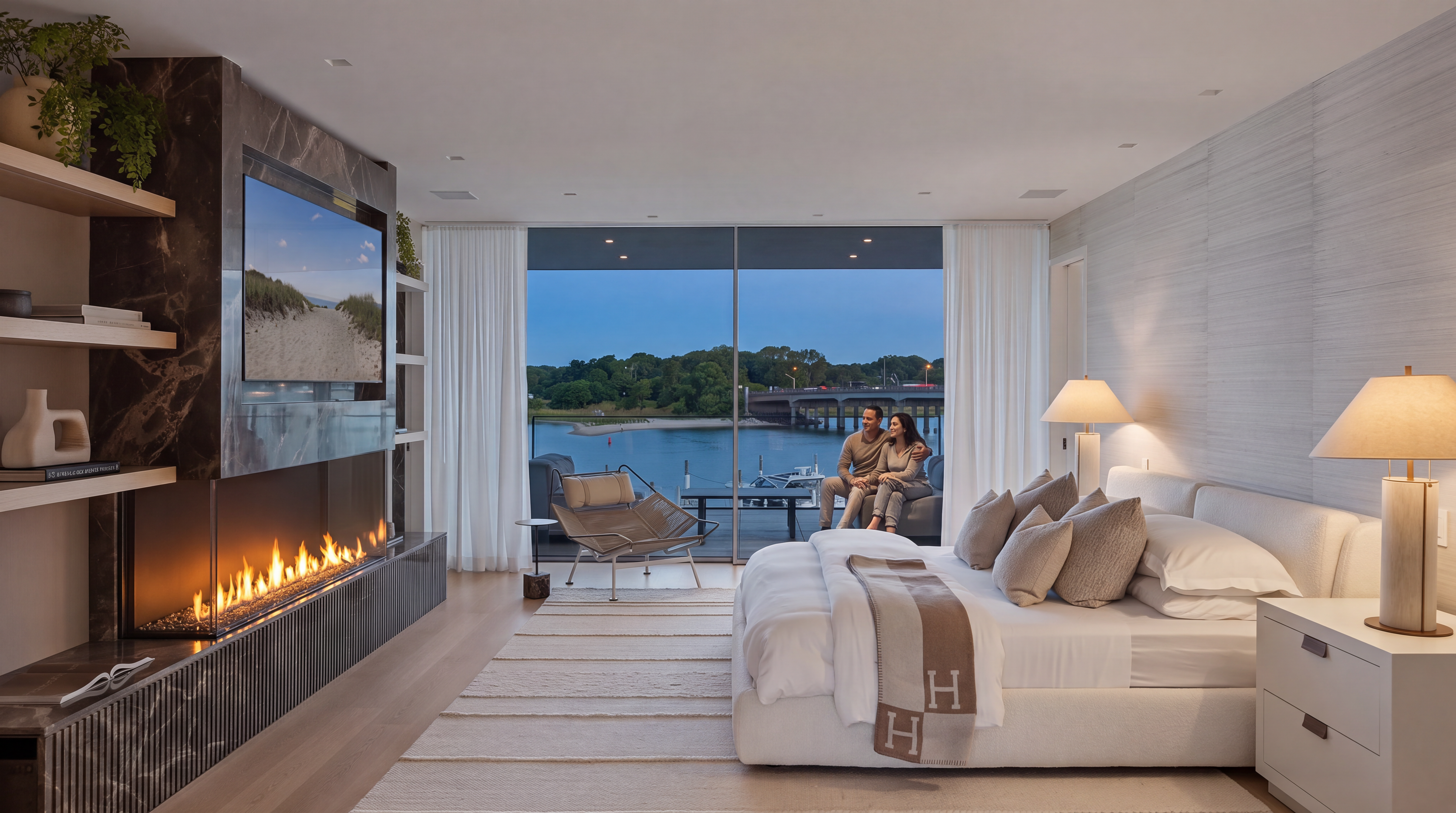 This luxurious primary bedroom features a contemporary, open-concept design with floor-to-ceiling glass doors opening onto an expansive outdoor terrace overlooking a waterway and bridge. The room is anchored by a sleek marble-clad fireplace with an integrated television, complemented by high-end furnishings such as a plush bed and minimalist lounge seating. With its sophisticated neutral palette and serene waterfront backdrop, the space offers an elegant, serene retreat.