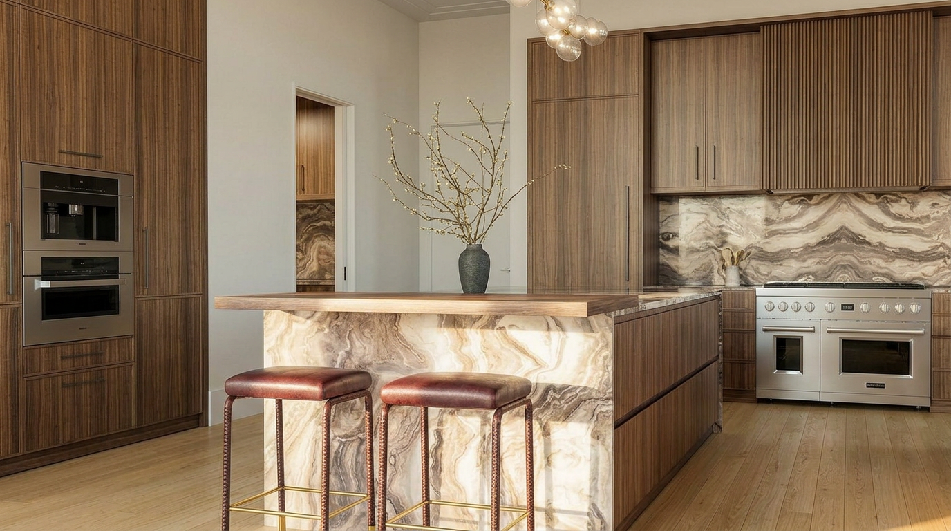 This sophisticated, high-end kitchen features warm walnut cabinetry, striking book-matched marble countertops, and a waterfall-edge island. The space is anchored by premium stainless steel appliances, modern designer pendant lighting, and light-toned wood flooring that creates a luxurious and welcoming contemporary atmosphere.