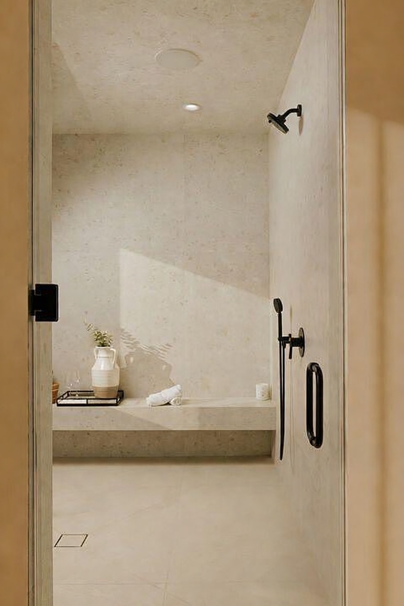 This modern, minimalist walk-in shower features light-toned stone walls and a built-in stone bench. The space is equipped with matte black fixtures, including a rainfall showerhead and a handheld sprayer, creating a sleek and sophisticated aesthetic. The perspective looks through a doorway into the shower, highlighting the clean lines and serene, spa-like atmosphere.