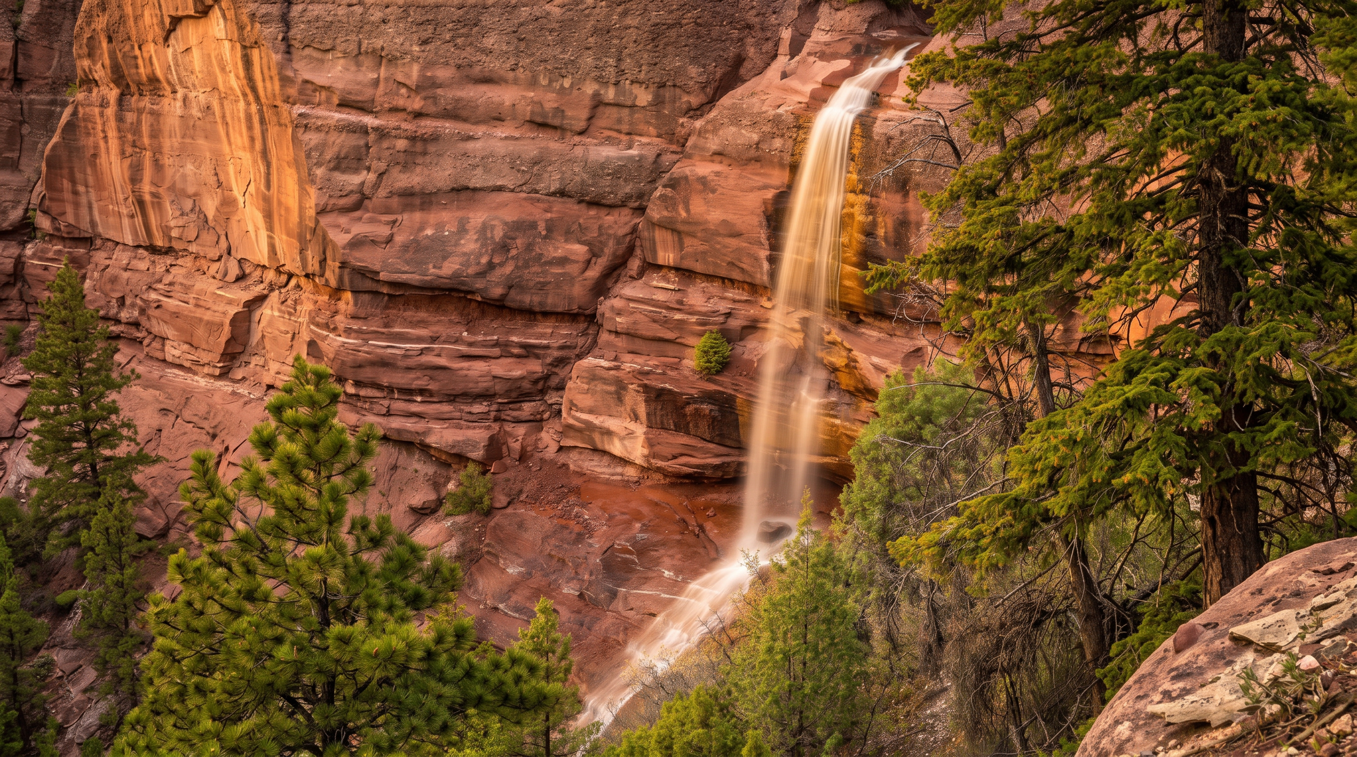 This image captures a scenic natural waterfall cascading down a rugged, reddish-brown rock cliff face. The scene is framed by lush green pine trees in the foreground, creating a sense of depth and natural beauty. The perspective is a slightly elevated, wide-angle view that emphasizes the dramatic geological features of the landscape.