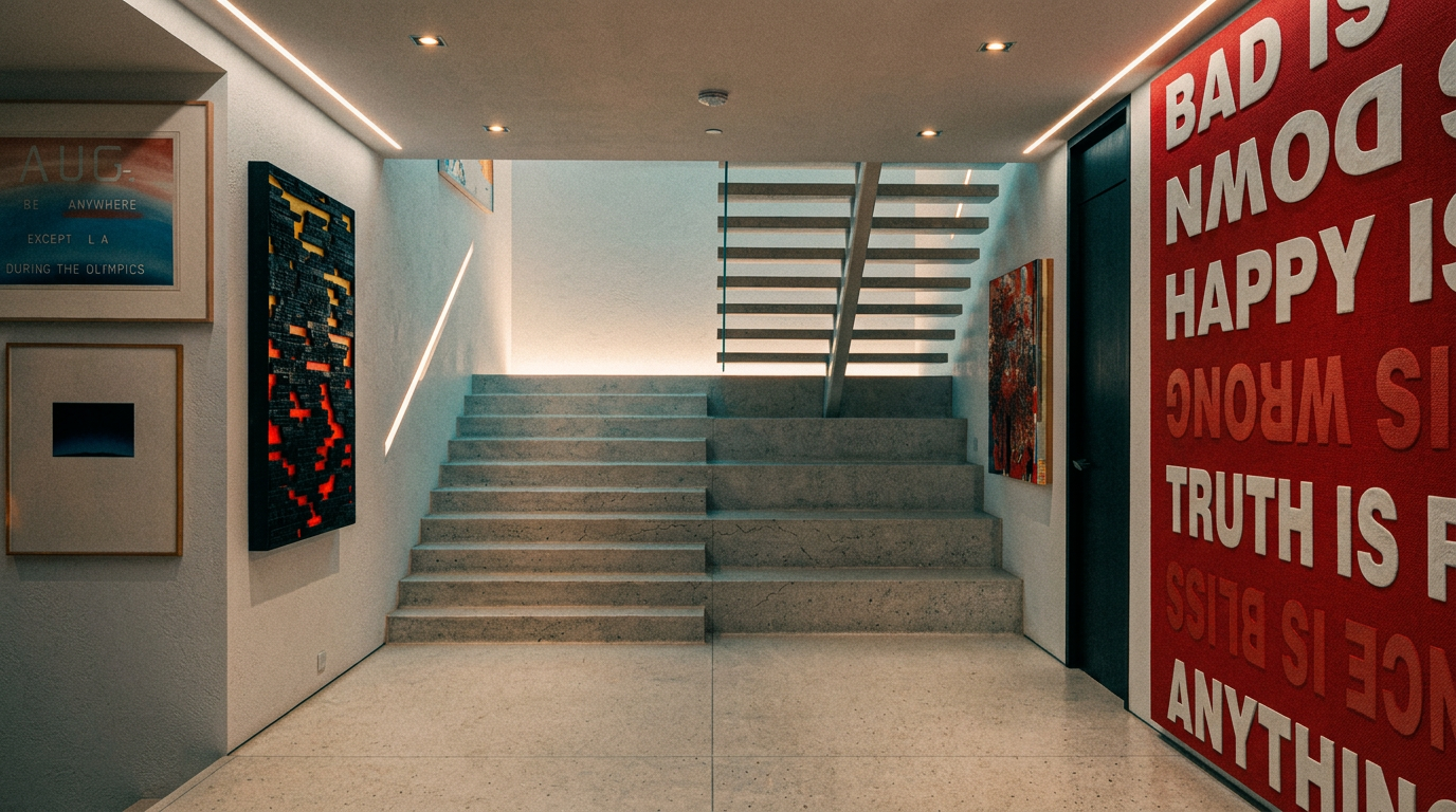 This striking interior space features a wide, minimalist staircase made of light-colored stone, serving as the central focal point of the hallway. The walls are adorned with bold, contemporary art pieces, including a large text-based mural on the right and a textured abstract work on the left. The clean lines, recessed ceiling lighting, and neutral color palette create a sophisticated, gallery-like atmosphere.