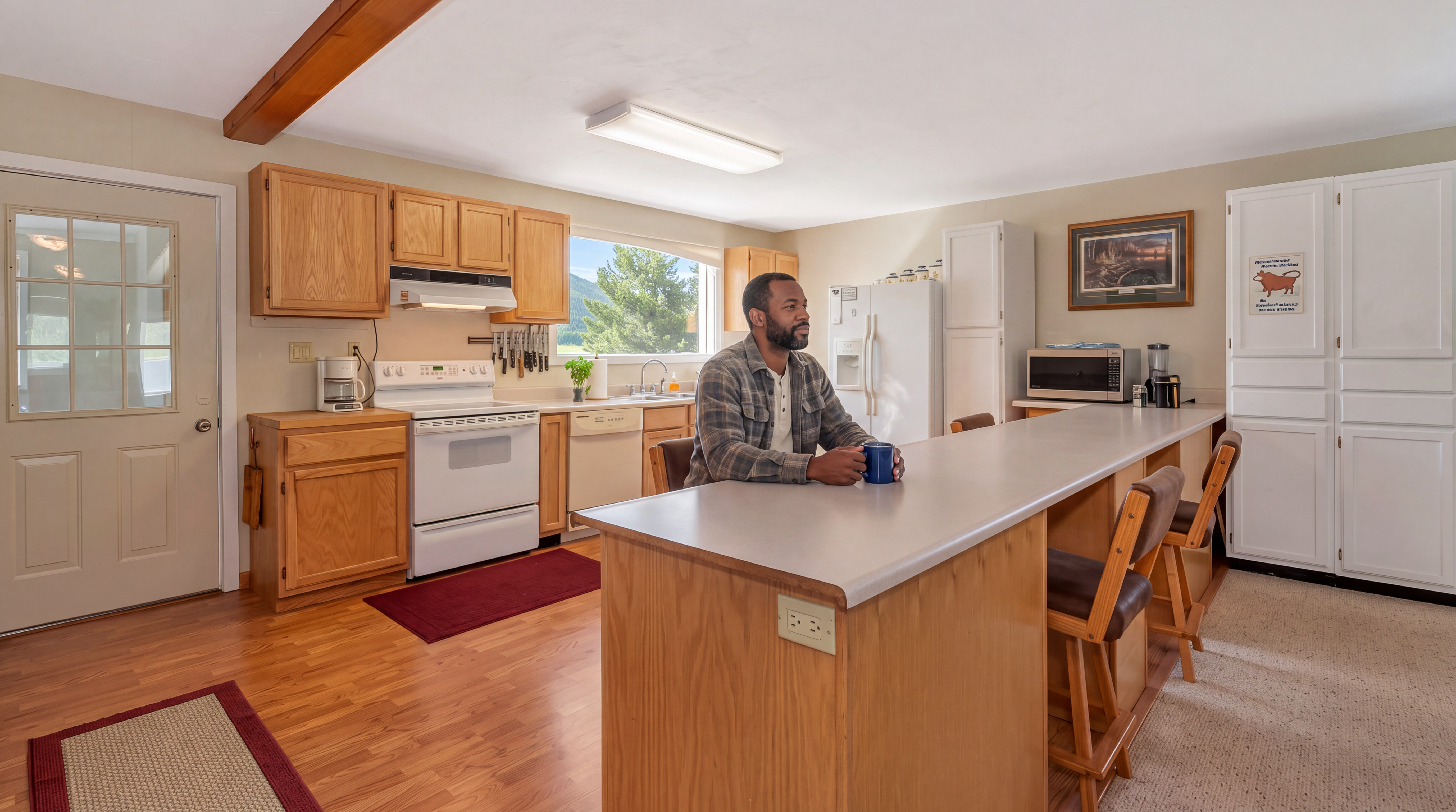 This kitchen features a practical layout with wood cabinetry, white appliances, and a prominent center island with seating. A man is captured relaxing at the breakfast bar, highlighting the open and inviting nature of the space. Large windows and warm lighting create a comfortable atmosphere, ideal for daily living and casual dining.