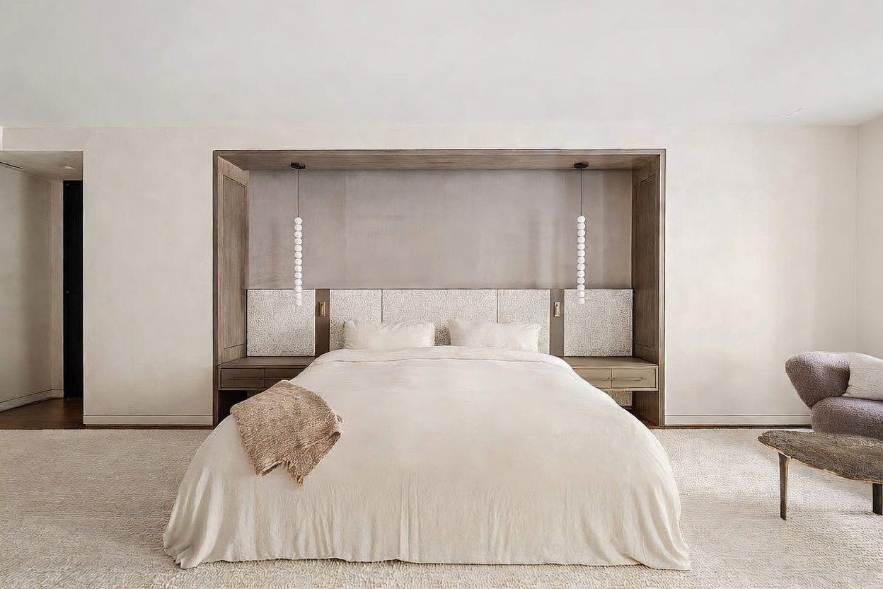 This serene primary bedroom features a custom-built wooden headboard alcove with integrated bedside tables and pendant lighting. The room is decorated in a neutral, monochromatic palette with soft textures, including a plush carpet and a draped throw blanket on the bed. A small armchair and a side table are positioned to the right, creating a cozy and sophisticated atmosphere.