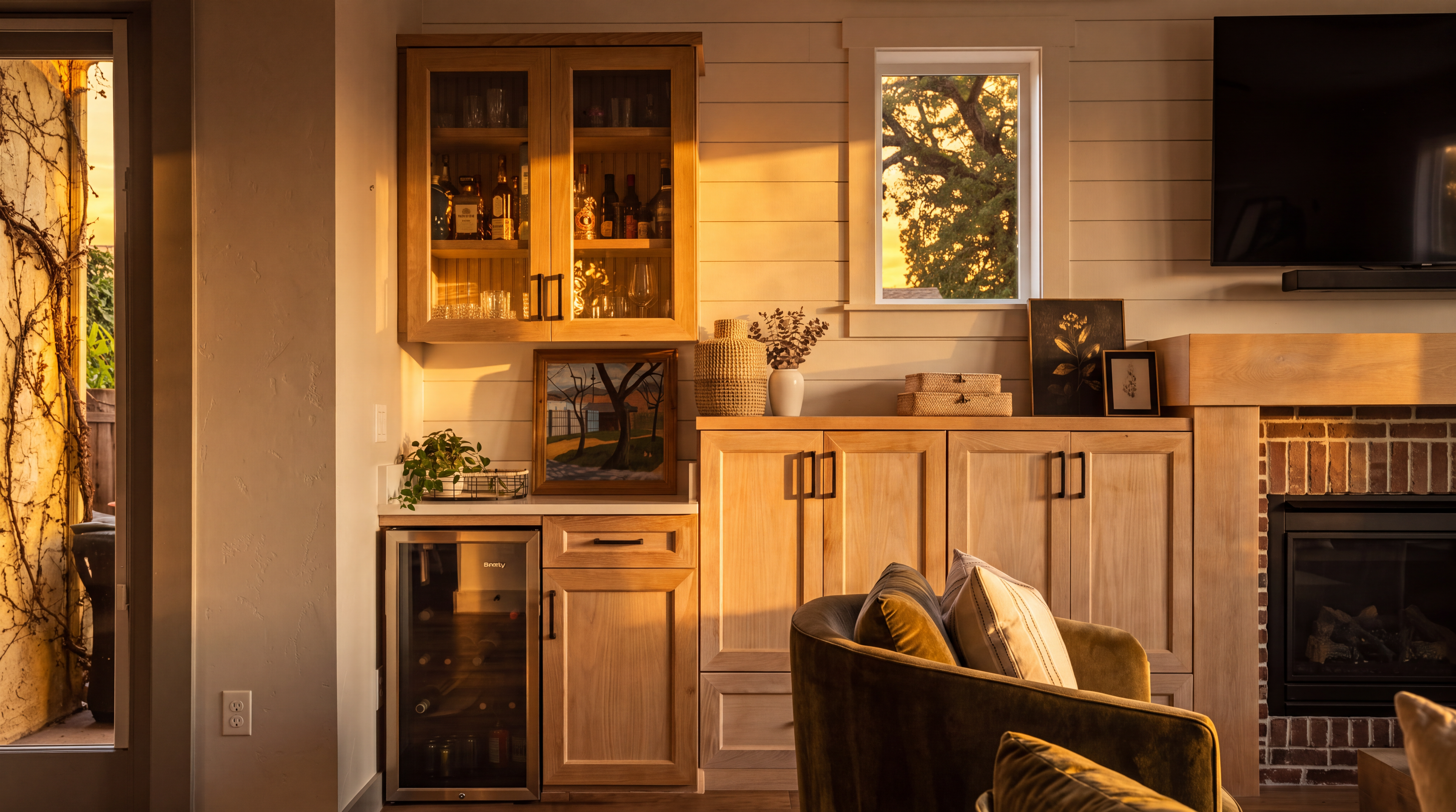 This interior view showcases a custom built-in bar area featuring light wood cabinetry and a glass-front beverage refrigerator. A framed landscape painting sits on the countertop, flanked by a small potted plant and decorative vases, while a window above the cabinetry brings in natural light. The space is adjacent to a cozy seating area with a plush armchair, creating a warm and inviting atmosphere.